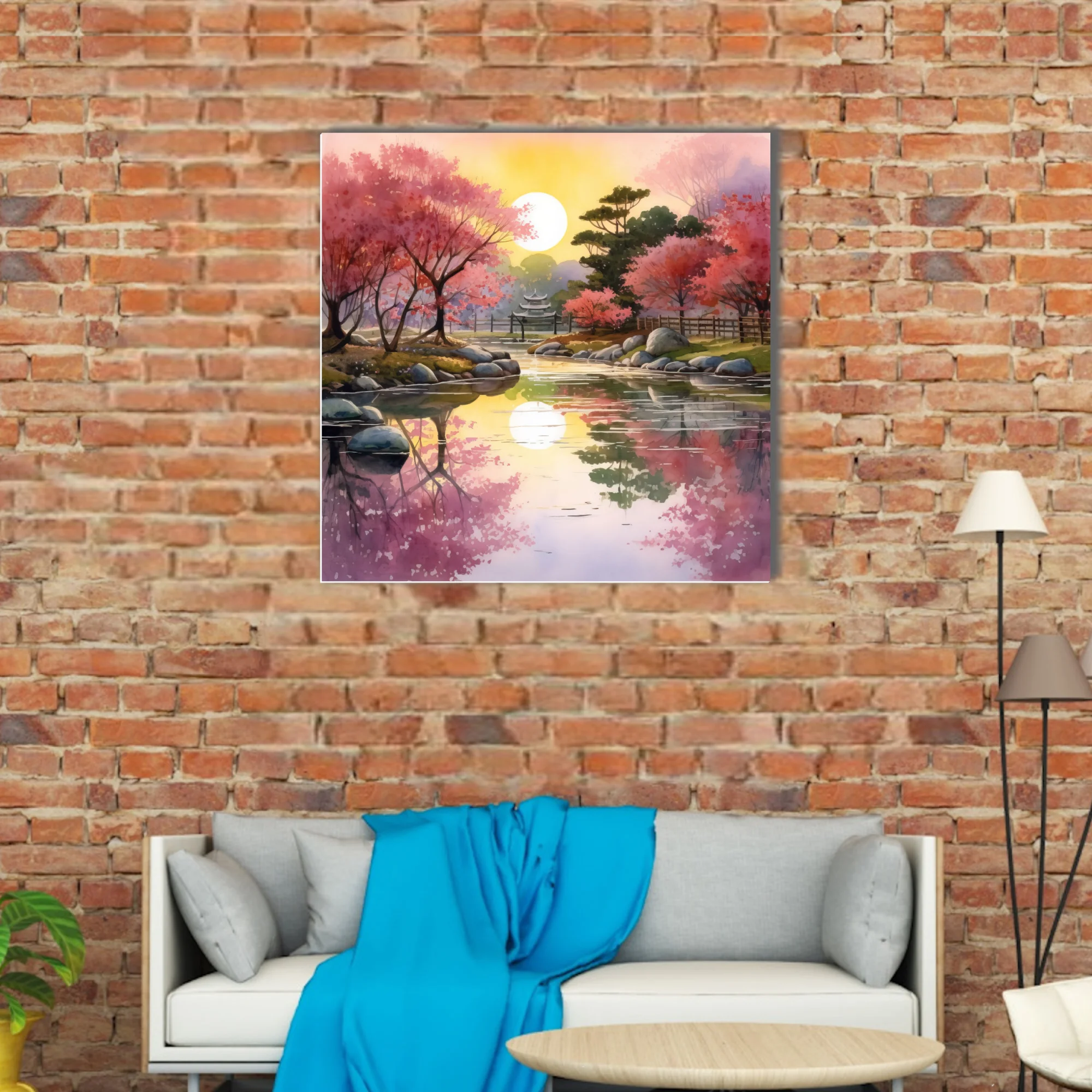 Watercolor-style Japanese garden with cherry blossoms, reflective pond, and glowing sun