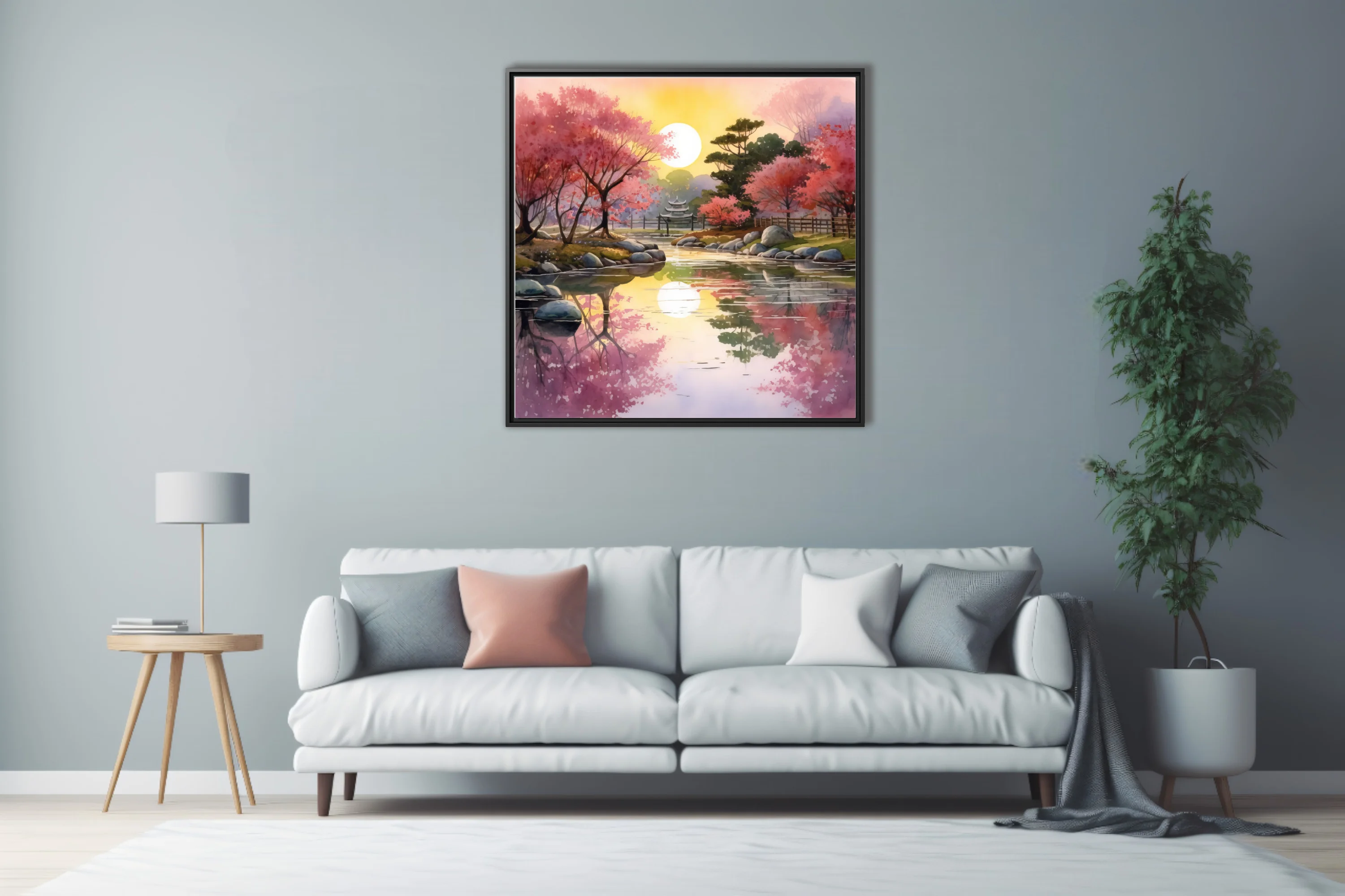 Watercolor-style Japanese garden with cherry blossoms, reflective pond, and glowing sun