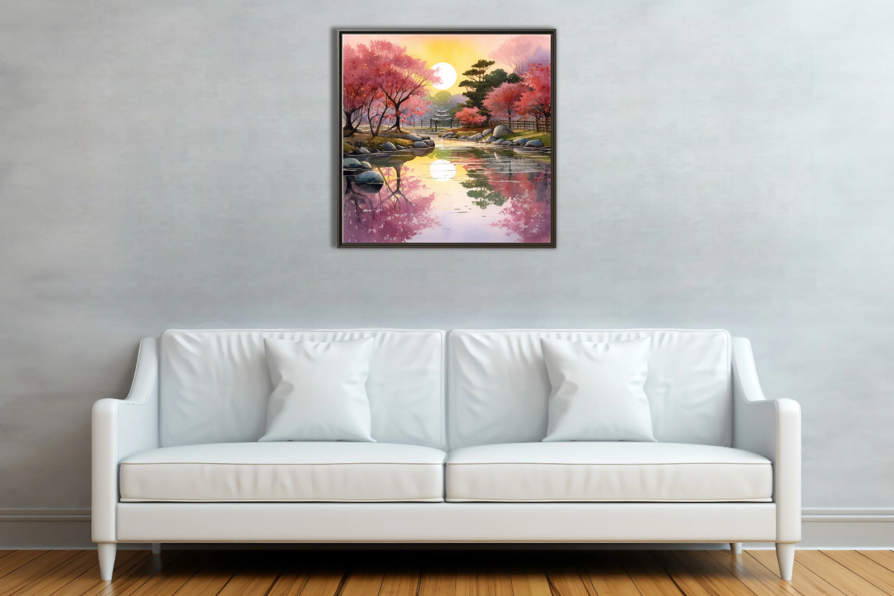 Watercolor-style Japanese garden with cherry blossoms, reflective pond, and glowing sun