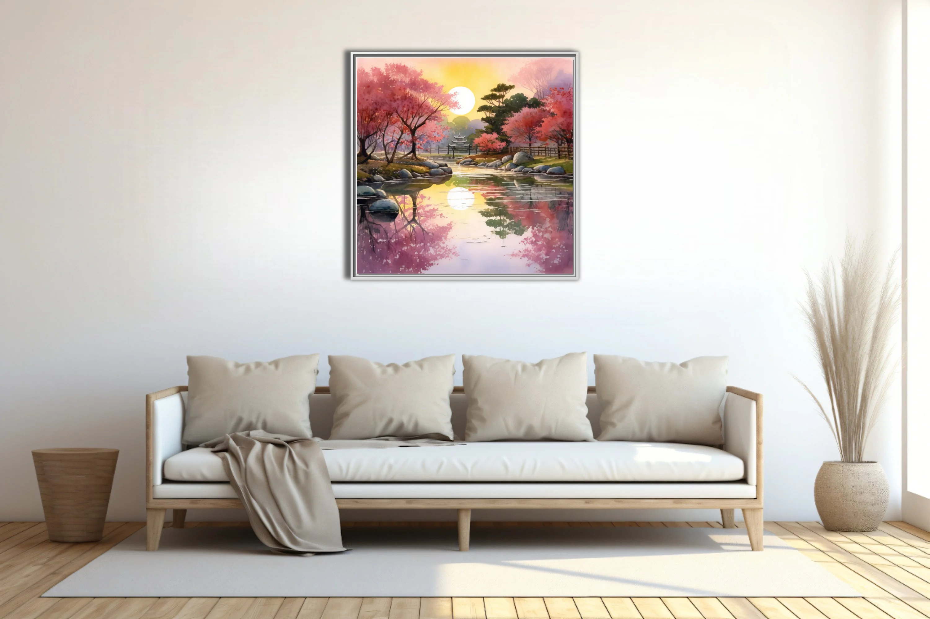 Watercolor-style Japanese garden with cherry blossoms, reflective pond, and glowing sun