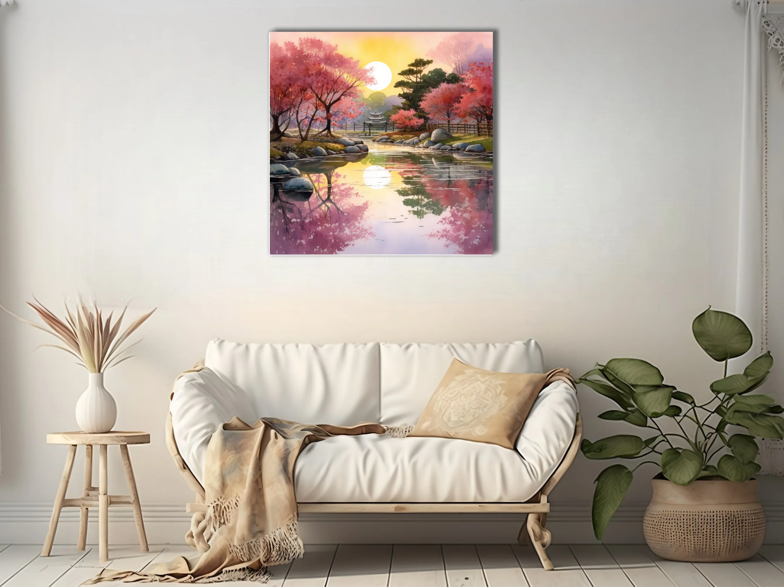 Watercolor-style Japanese garden with cherry blossoms, reflective pond, and glowing sun