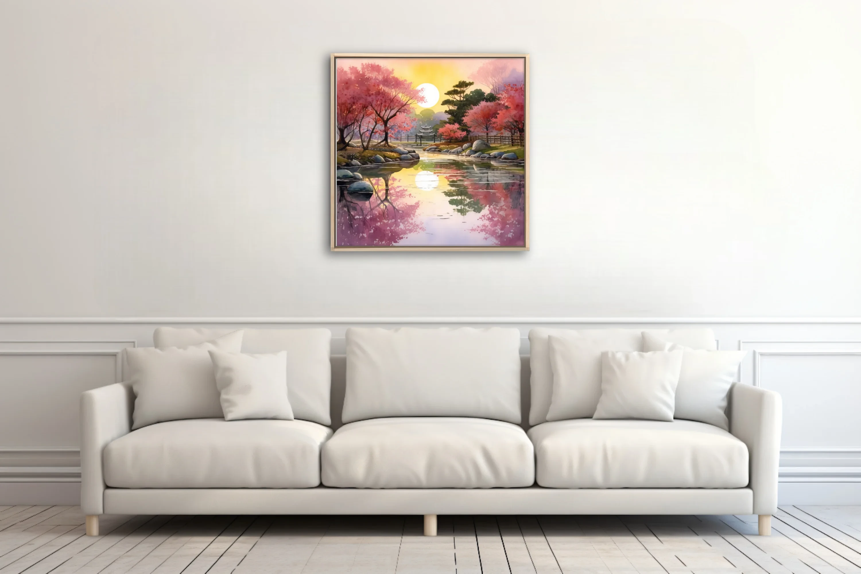 Watercolor-style Japanese garden with cherry blossoms, reflective pond, and glowing sun
