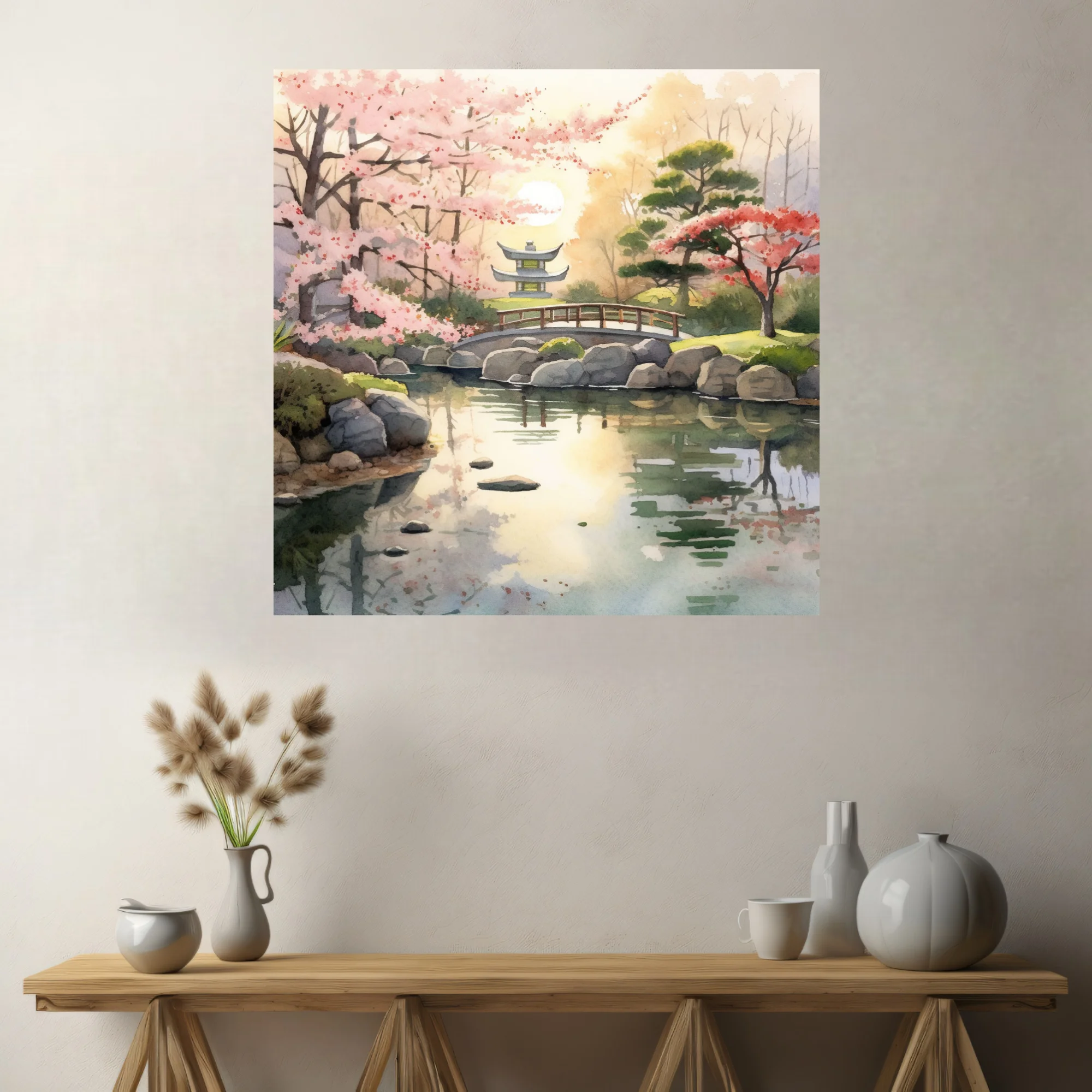 Watercolor-style Japanese garden with cherry blossoms, stone lantern, and pond reflections