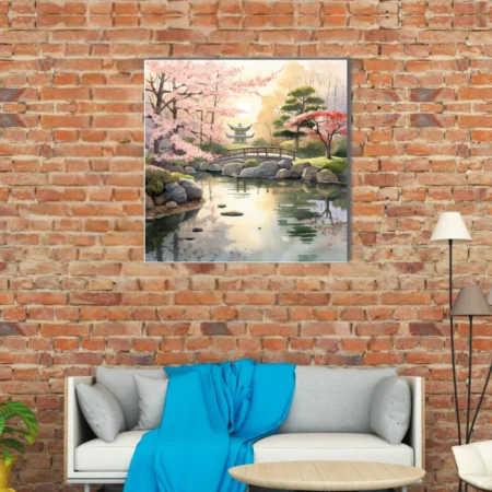 Watercolor-style Japanese garden with cherry blossoms, stone lantern, and pond reflections