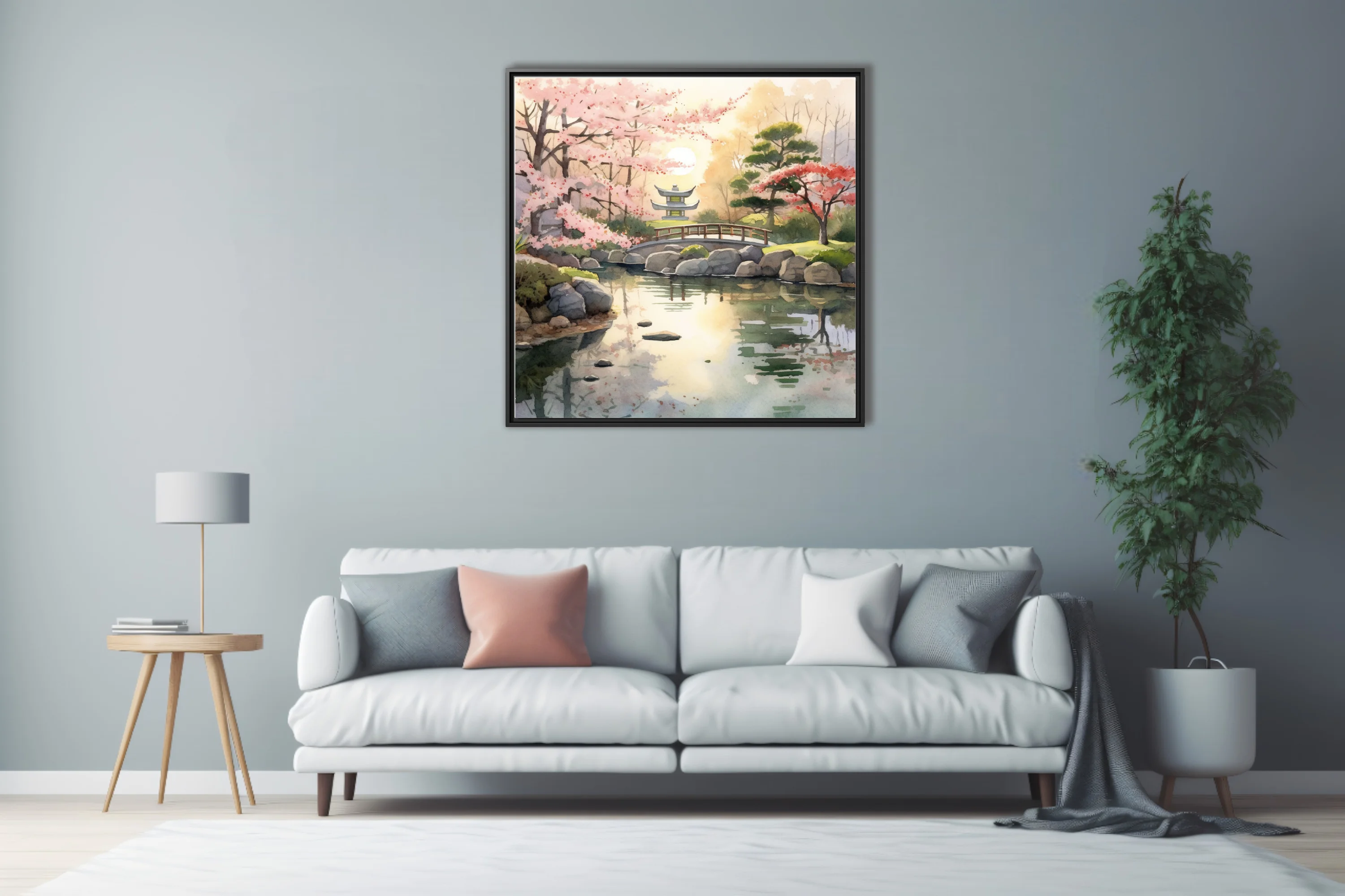 Watercolor-style Japanese garden with cherry blossoms, stone lantern, and pond reflections