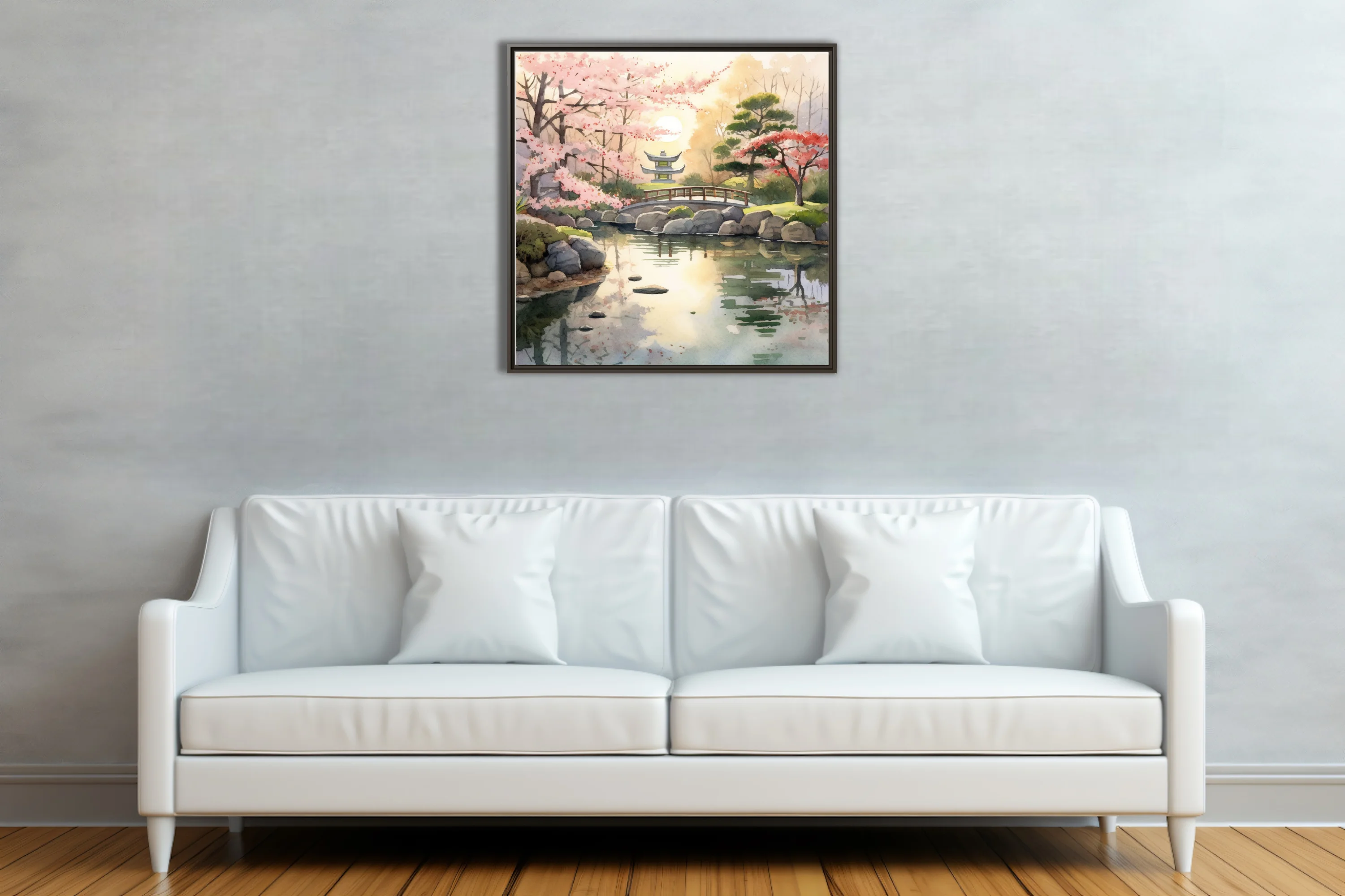 Watercolor-style Japanese garden with cherry blossoms, stone lantern, and pond reflections