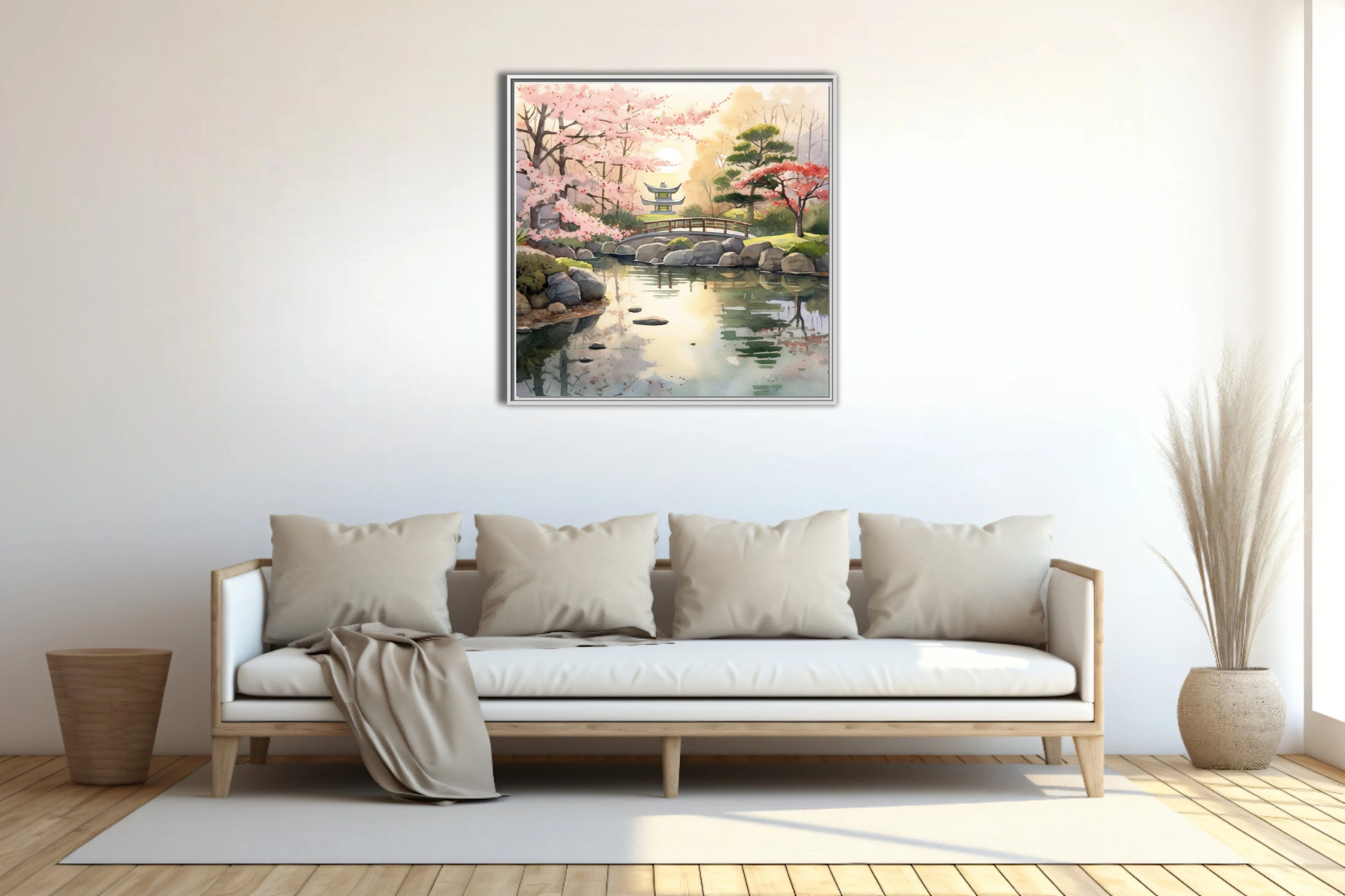 Watercolor-style Japanese garden with cherry blossoms, stone lantern, and pond reflections