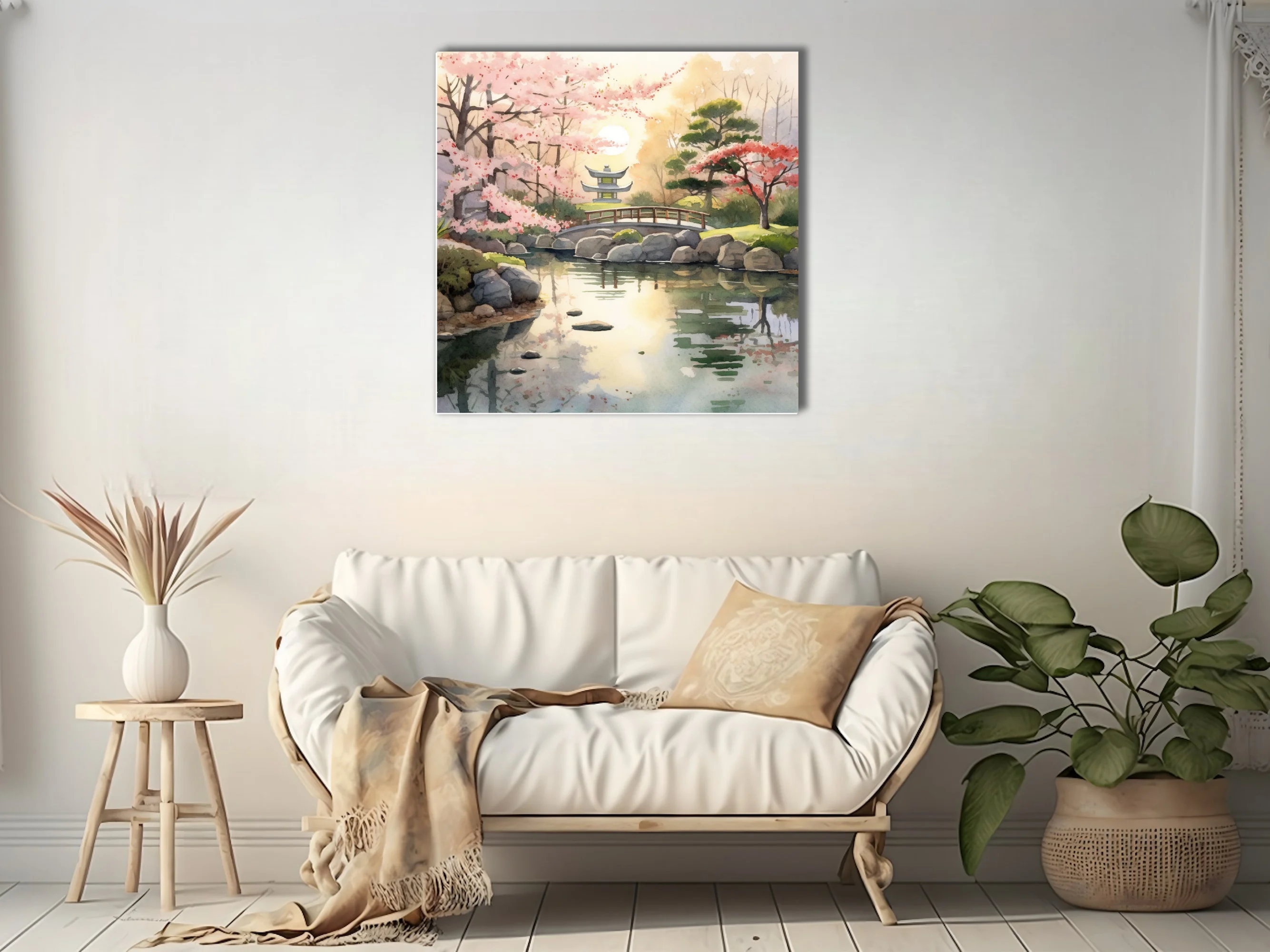 Watercolor-style Japanese garden with cherry blossoms, stone lantern, and pond reflections
