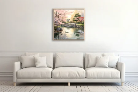 Watercolor-style Japanese garden with cherry blossoms, stone lantern, and pond reflections