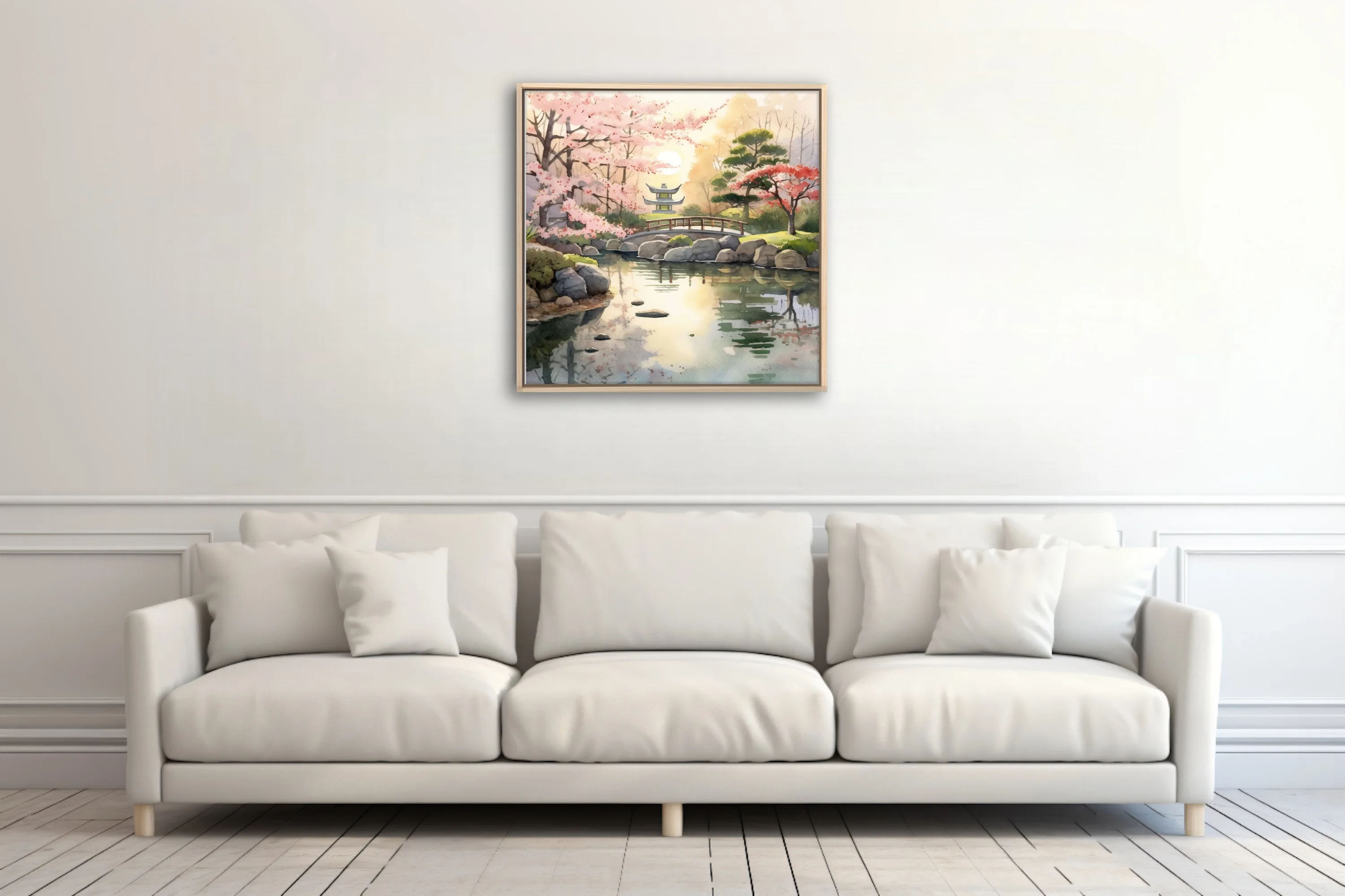 Watercolor-style Japanese garden with cherry blossoms, stone lantern, and pond reflections