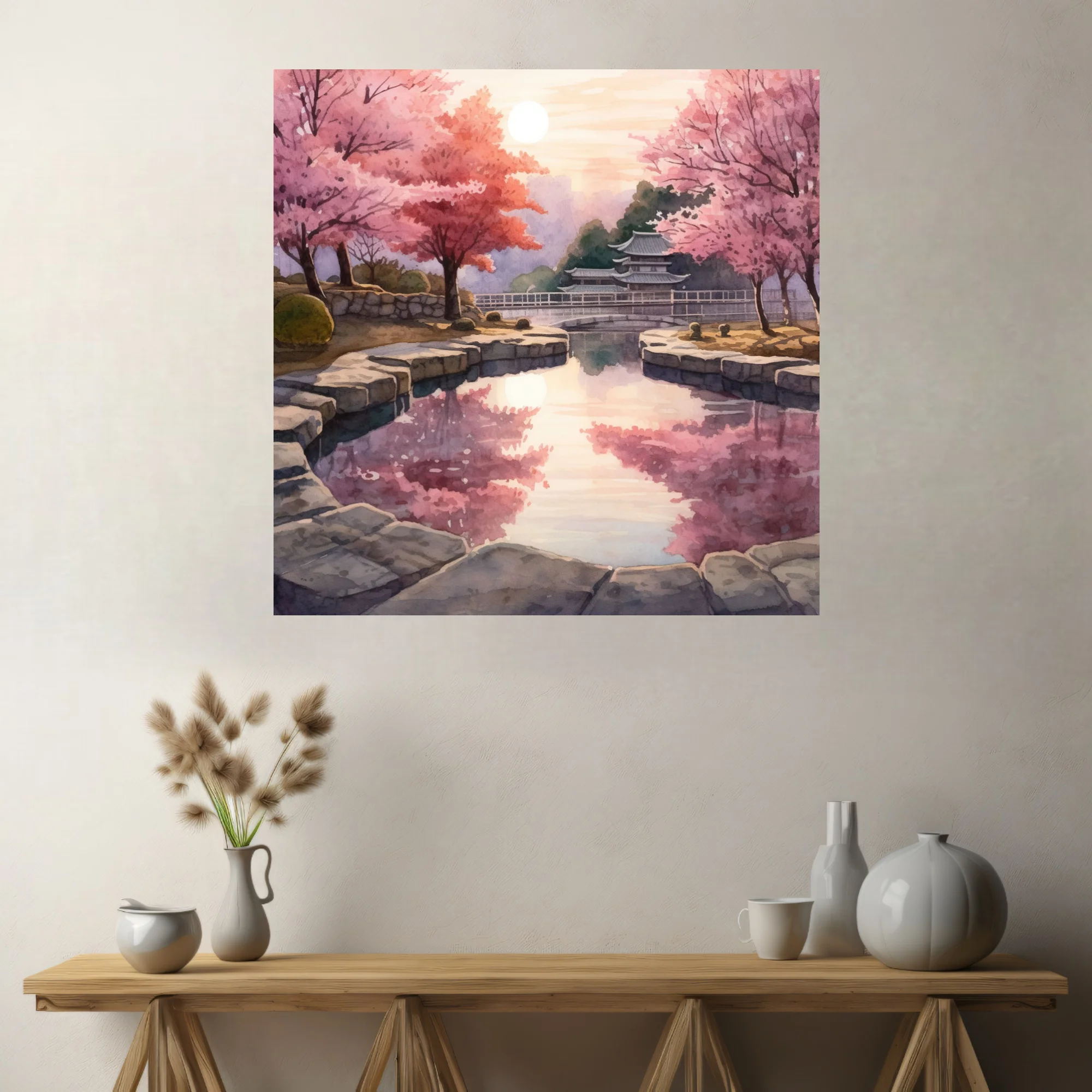 Watercolor-style Japanese garden with cherry blossoms, stone pond, and pagoda at sunset
