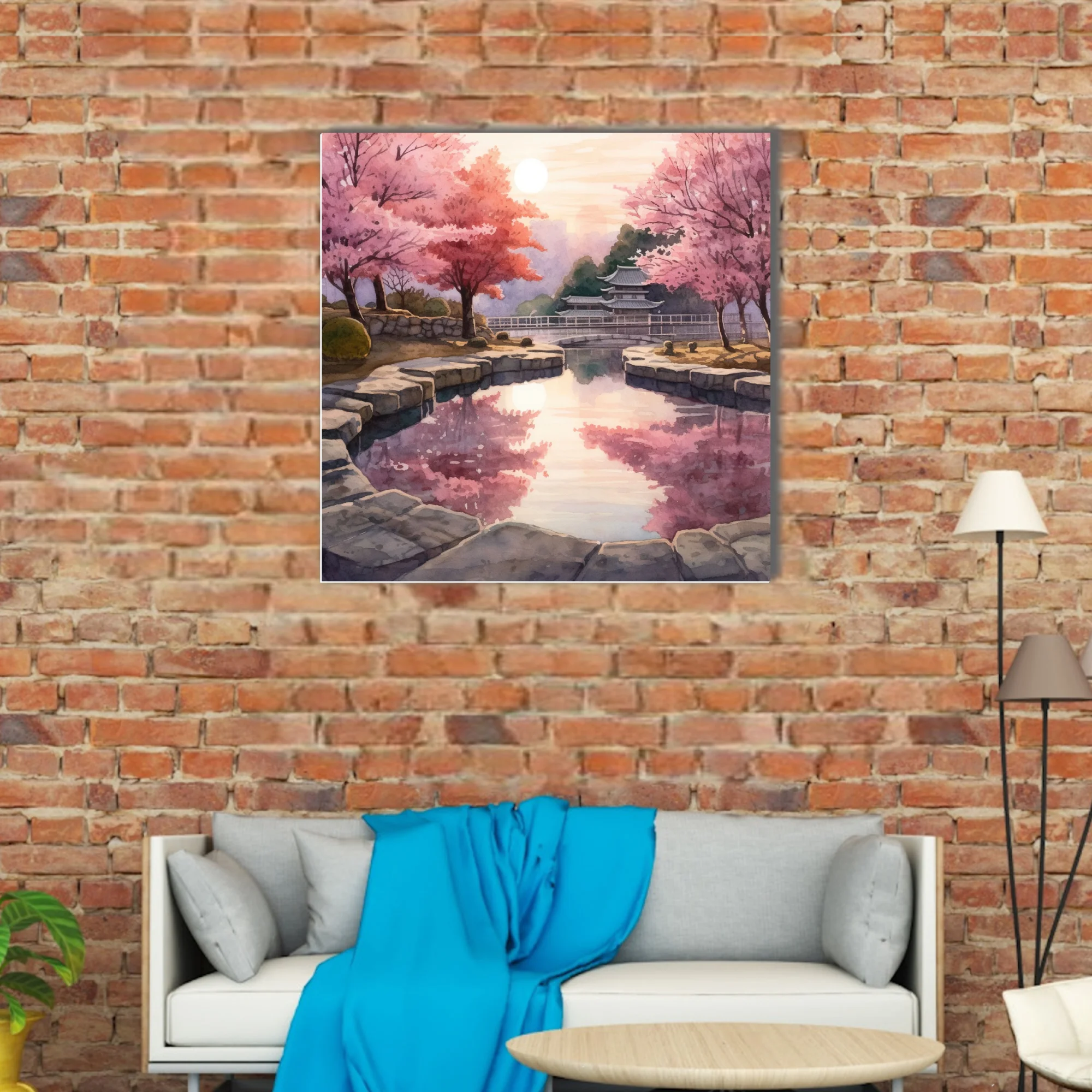Watercolor-style Japanese garden with cherry blossoms, stone pond, and pagoda at sunset