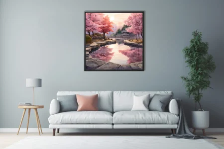 Watercolor-style Japanese garden with cherry blossoms, stone pond, and pagoda at sunset