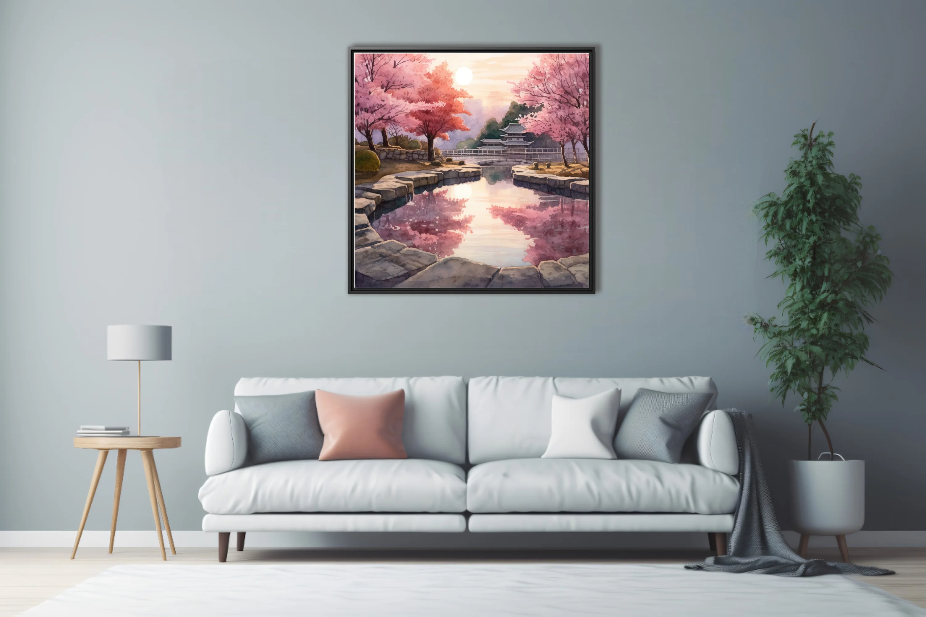 Watercolor-style Japanese garden with cherry blossoms, stone pond, and pagoda at sunset