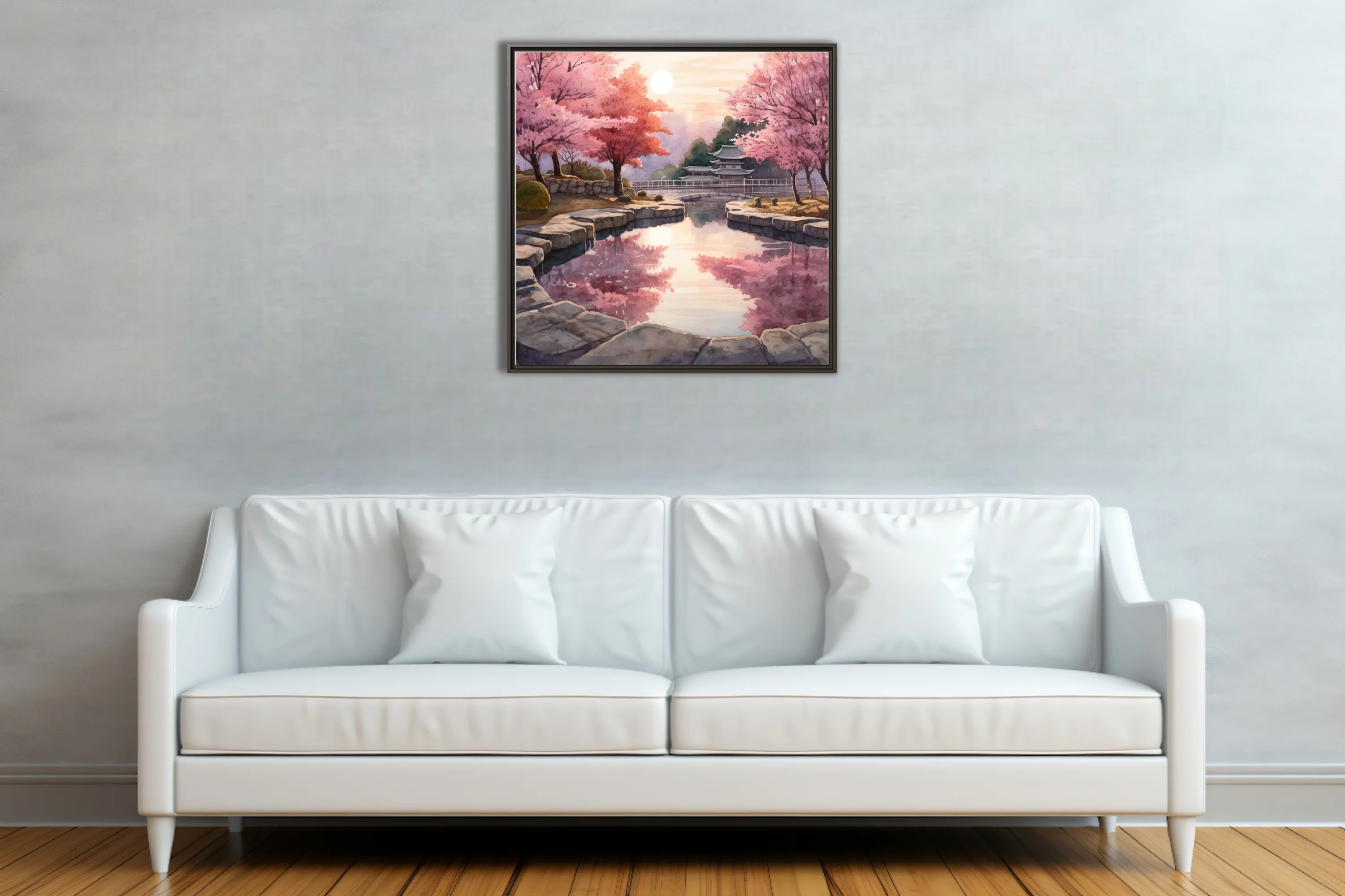 Watercolor-style Japanese garden with cherry blossoms, stone pond, and pagoda at sunset