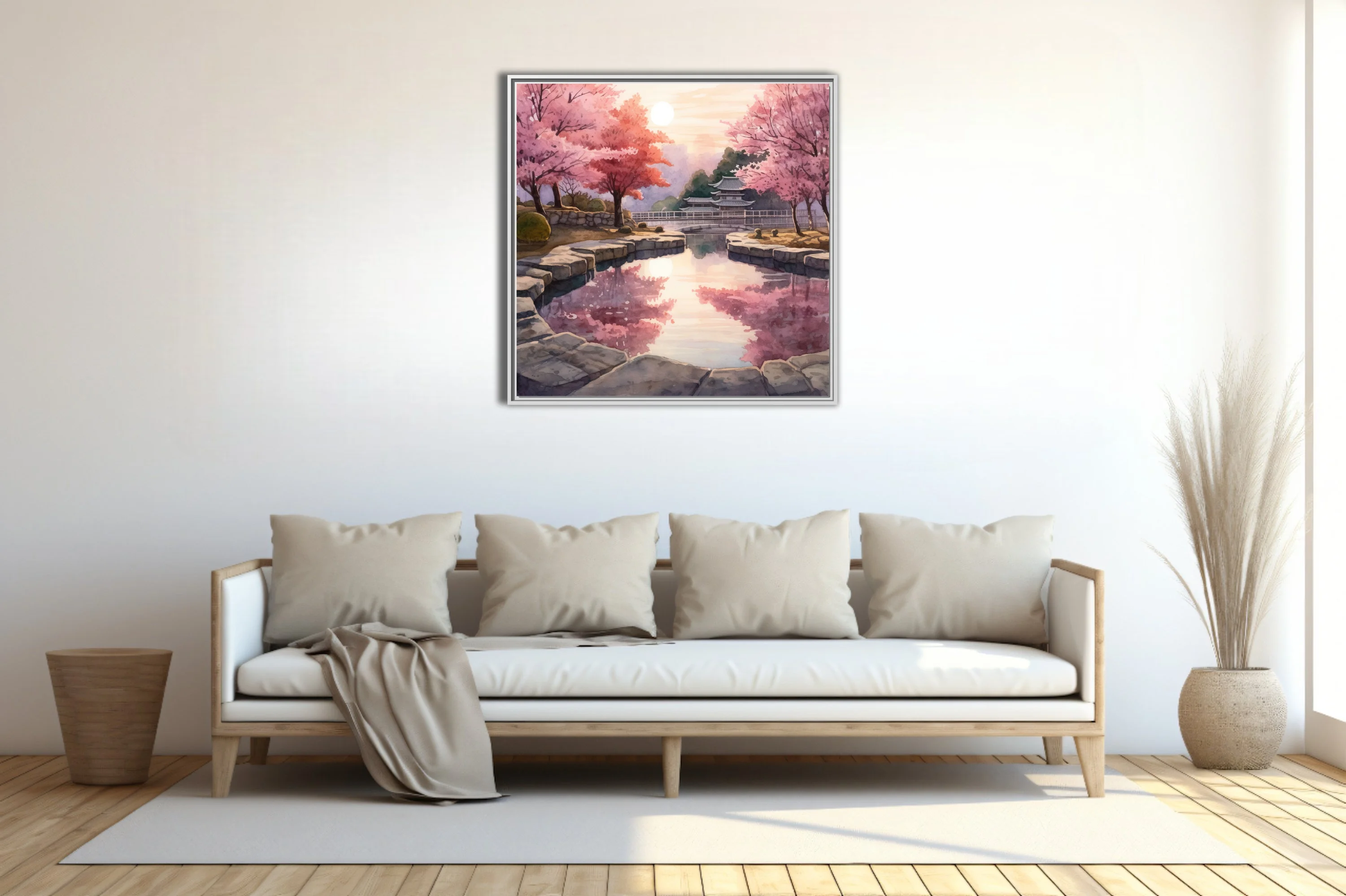 Watercolor-style Japanese garden with cherry blossoms, stone pond, and pagoda at sunset