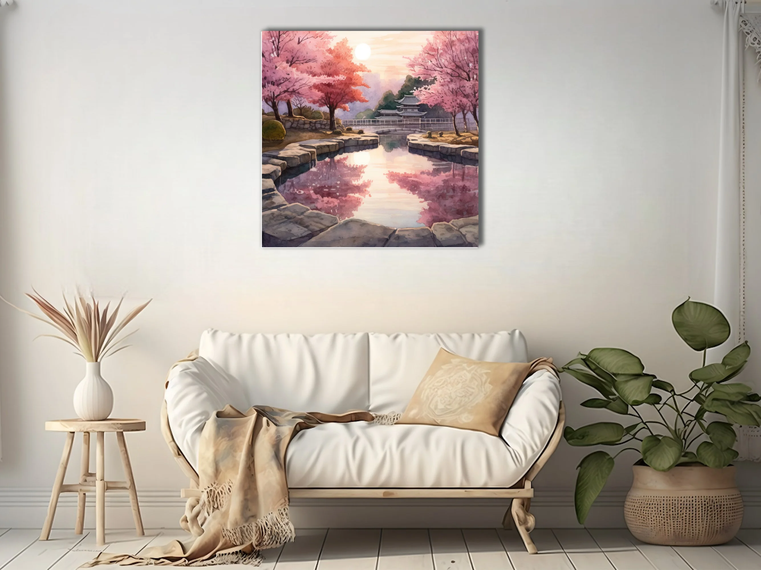 Watercolor-style Japanese garden with cherry blossoms, stone pond, and pagoda at sunset