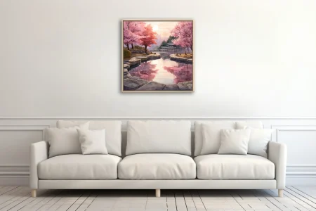 Watercolor-style Japanese garden with cherry blossoms, stone pond, and pagoda at sunset