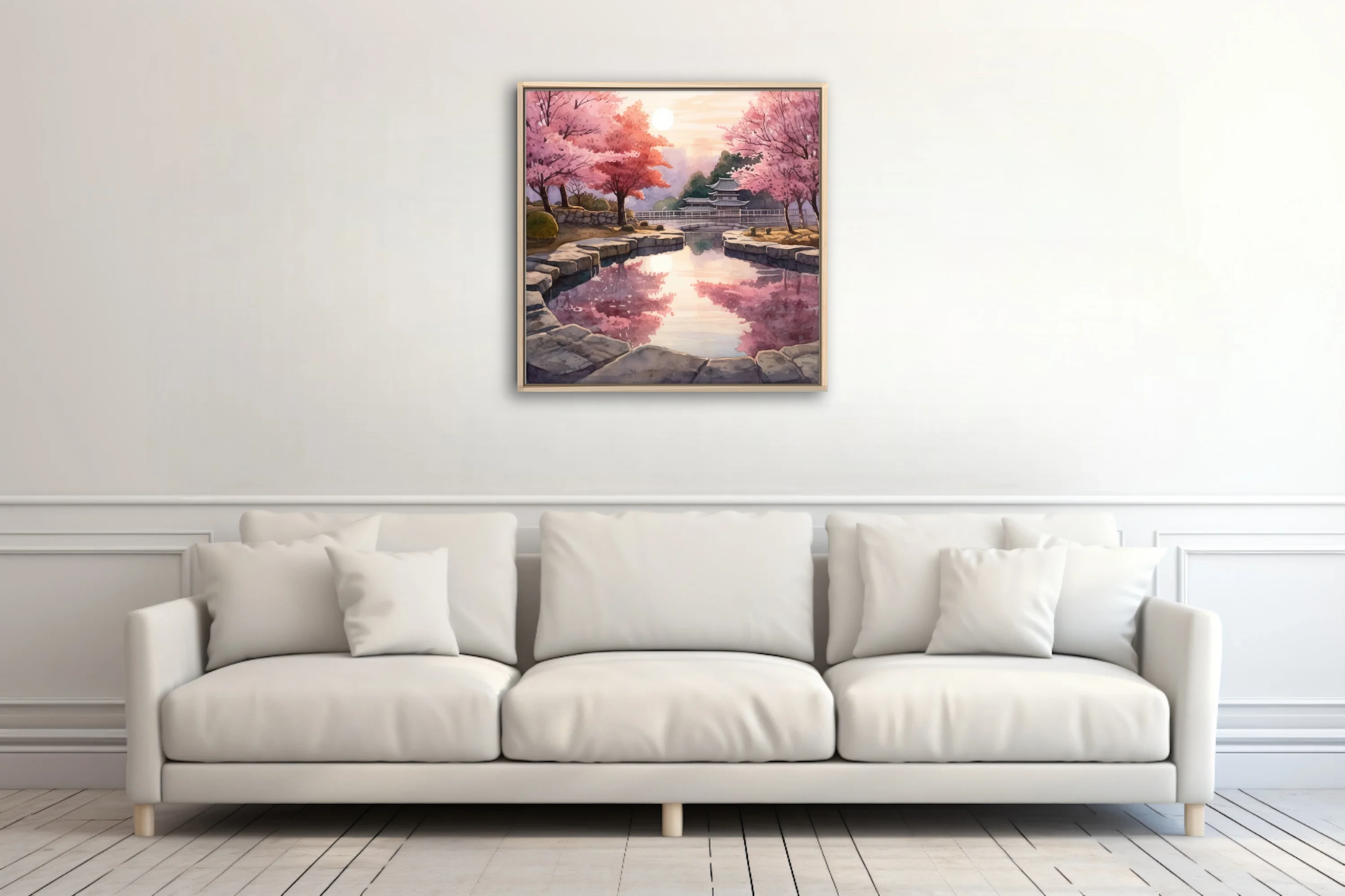 Watercolor-style Japanese garden with cherry blossoms, stone pond, and pagoda at sunset