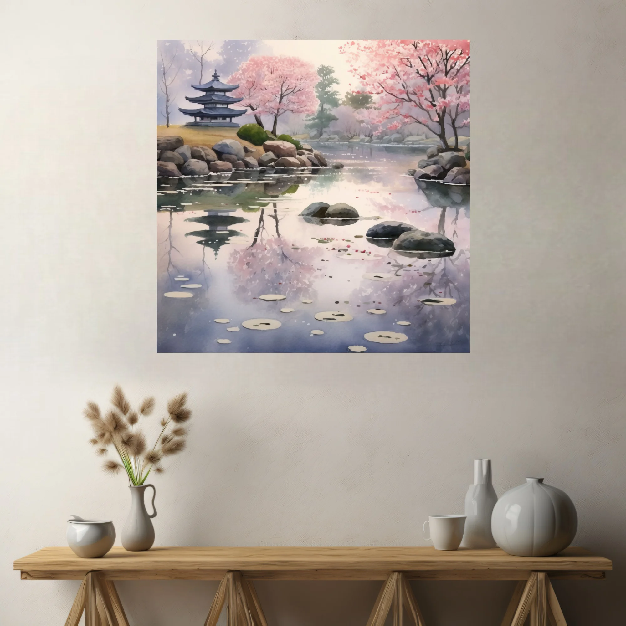 Watercolor-style Japanese garden with cherry blossoms, pagoda, and misty pond reflections