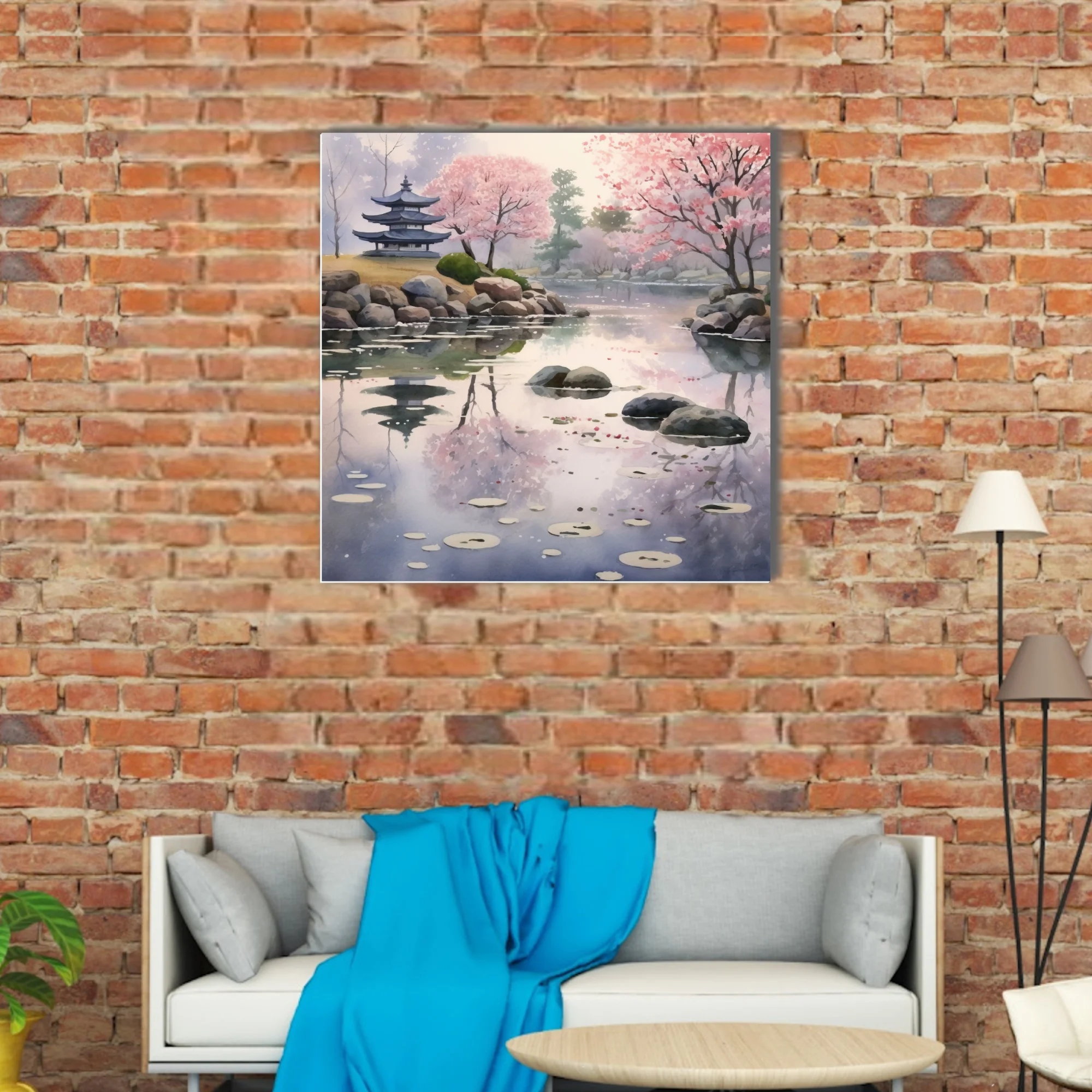 Watercolor-style Japanese garden with cherry blossoms, pagoda, and misty pond reflections