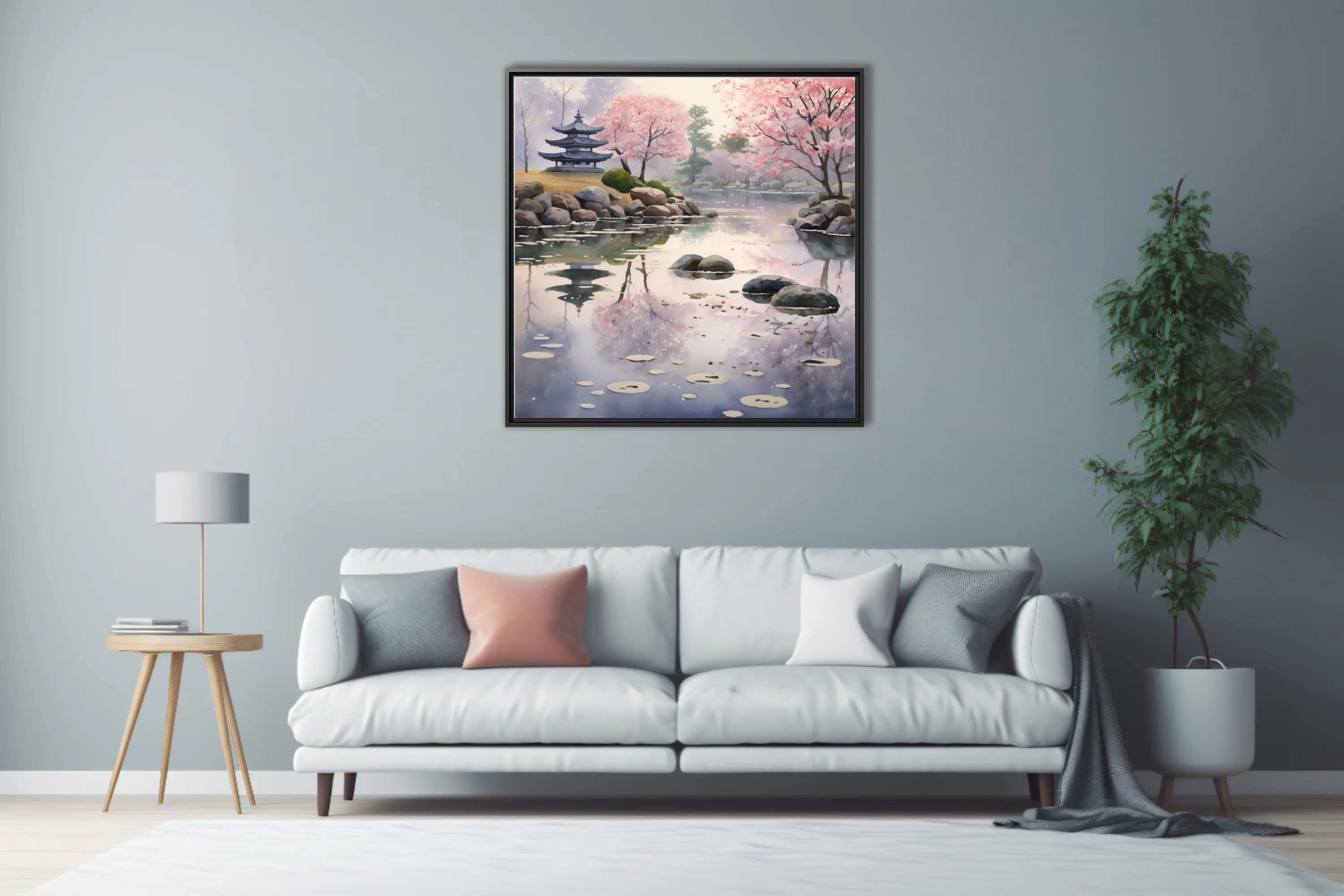 Watercolor-style Japanese garden with cherry blossoms, pagoda, and misty pond reflections
