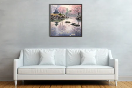 Watercolor-style Japanese garden with cherry blossoms, pagoda, and misty pond reflections