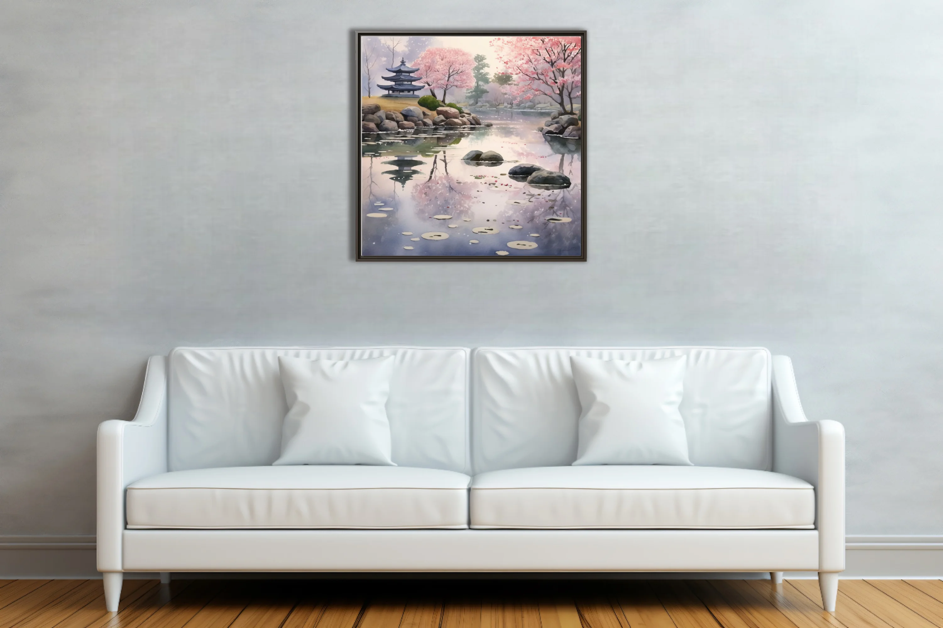 Watercolor-style Japanese garden with cherry blossoms, pagoda, and misty pond reflections