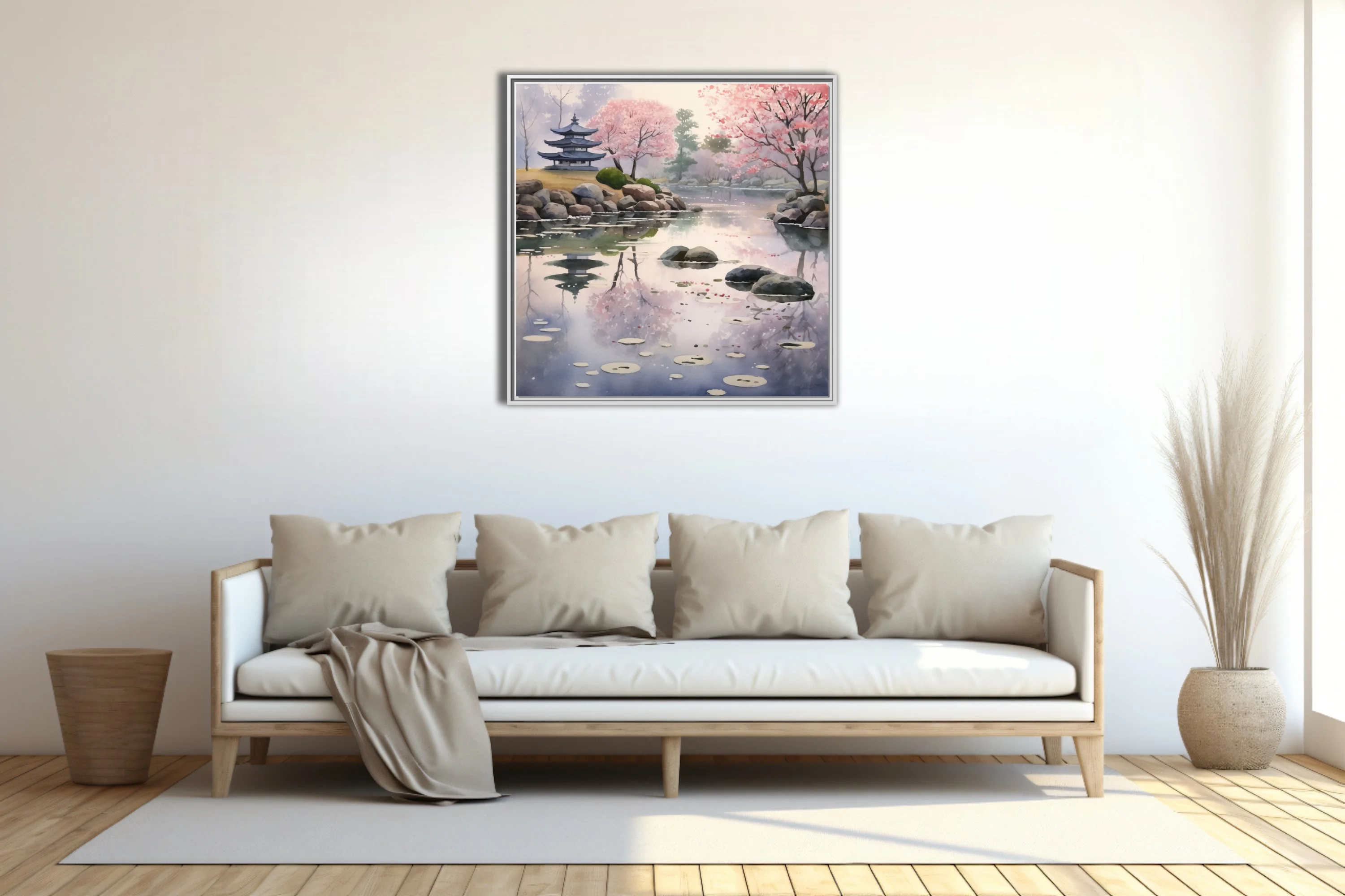 Watercolor-style Japanese garden with cherry blossoms, pagoda, and misty pond reflections