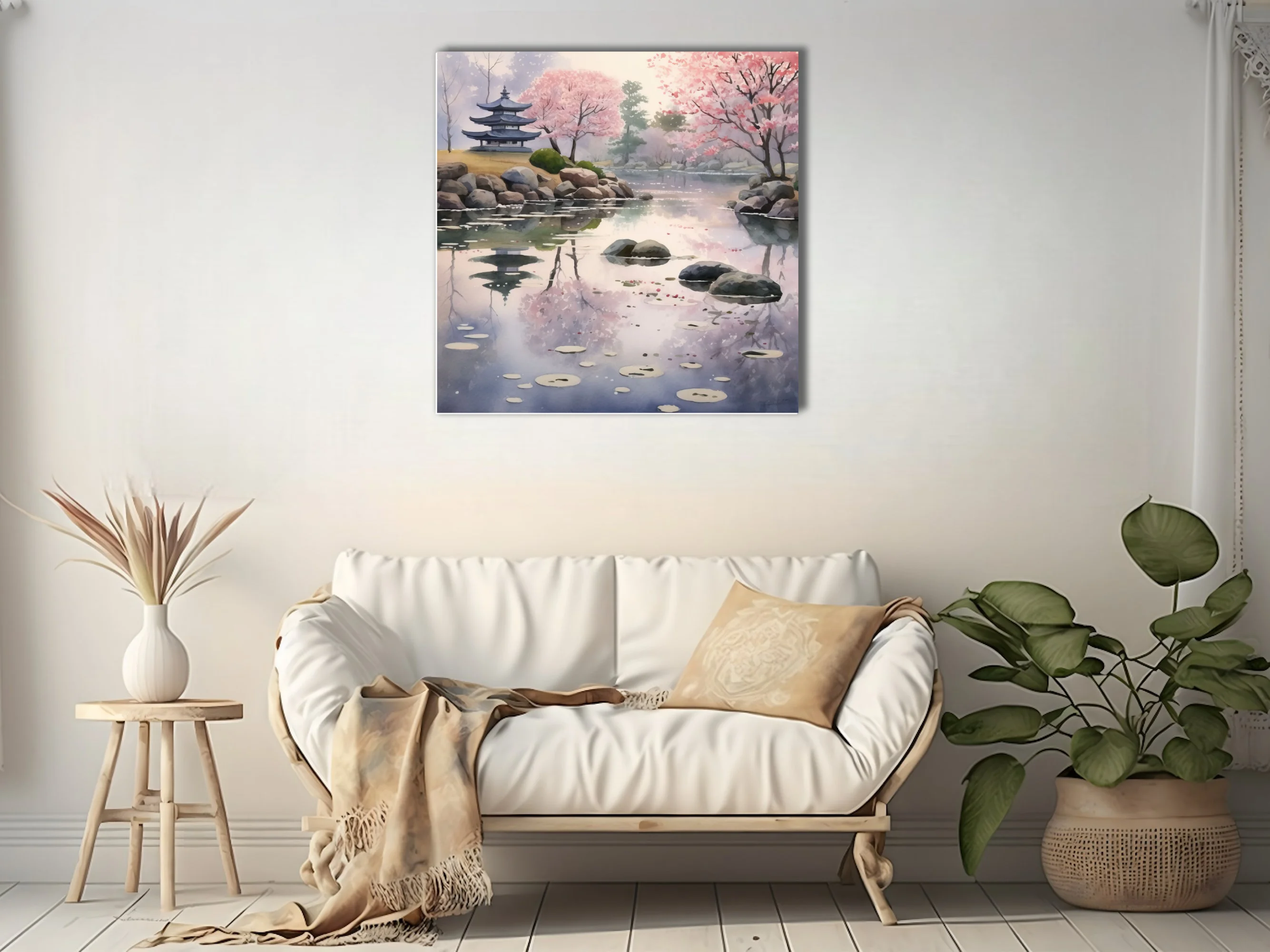 Watercolor-style Japanese garden with cherry blossoms, pagoda, and misty pond reflections