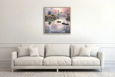 Watercolor-style Japanese garden with cherry blossoms, pagoda, and misty pond reflections