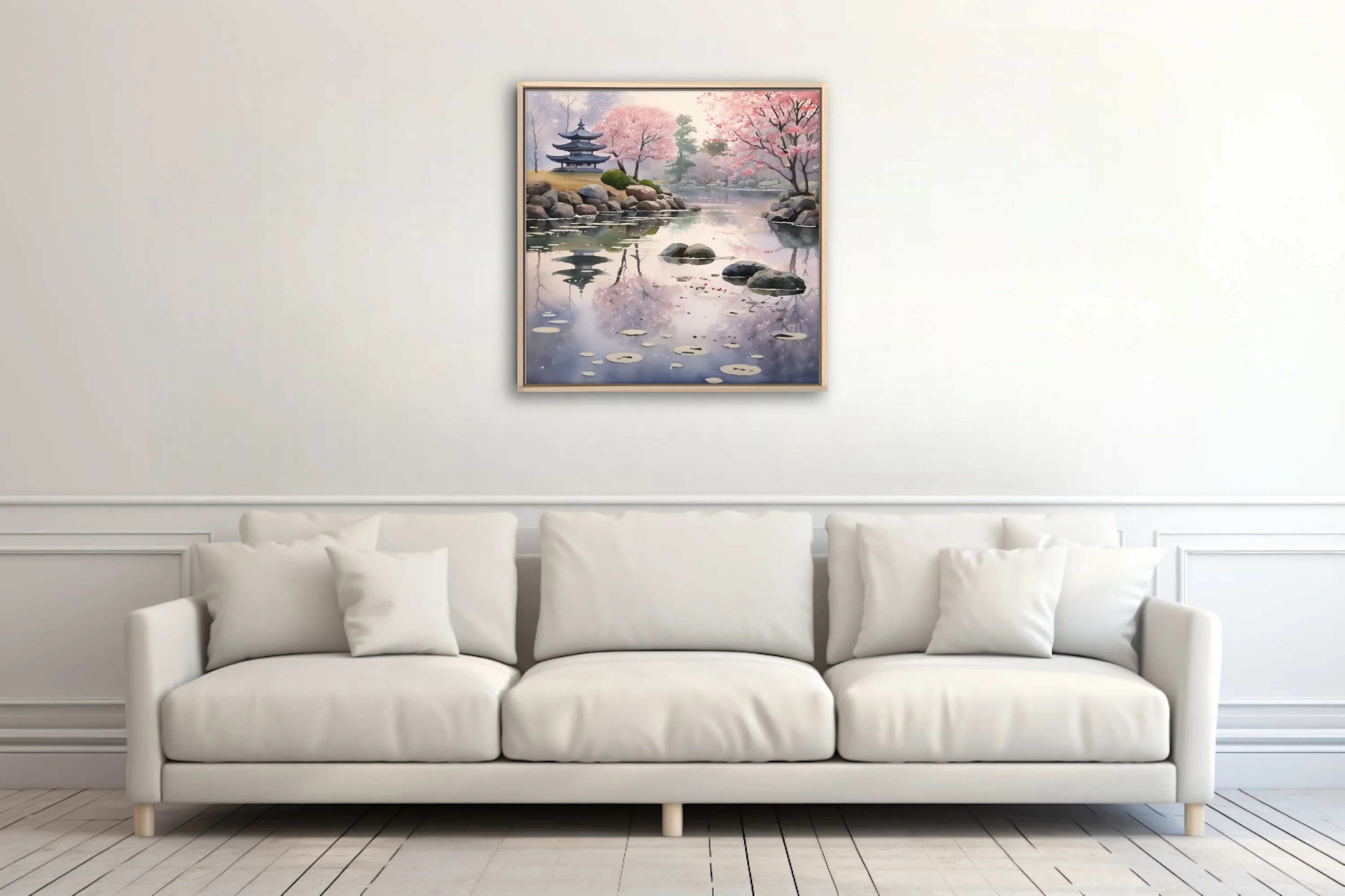 Watercolor-style Japanese garden with cherry blossoms, pagoda, and misty pond reflections