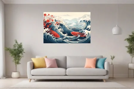 Japanese woodblock-style koi fish and ocean waves in red and navy