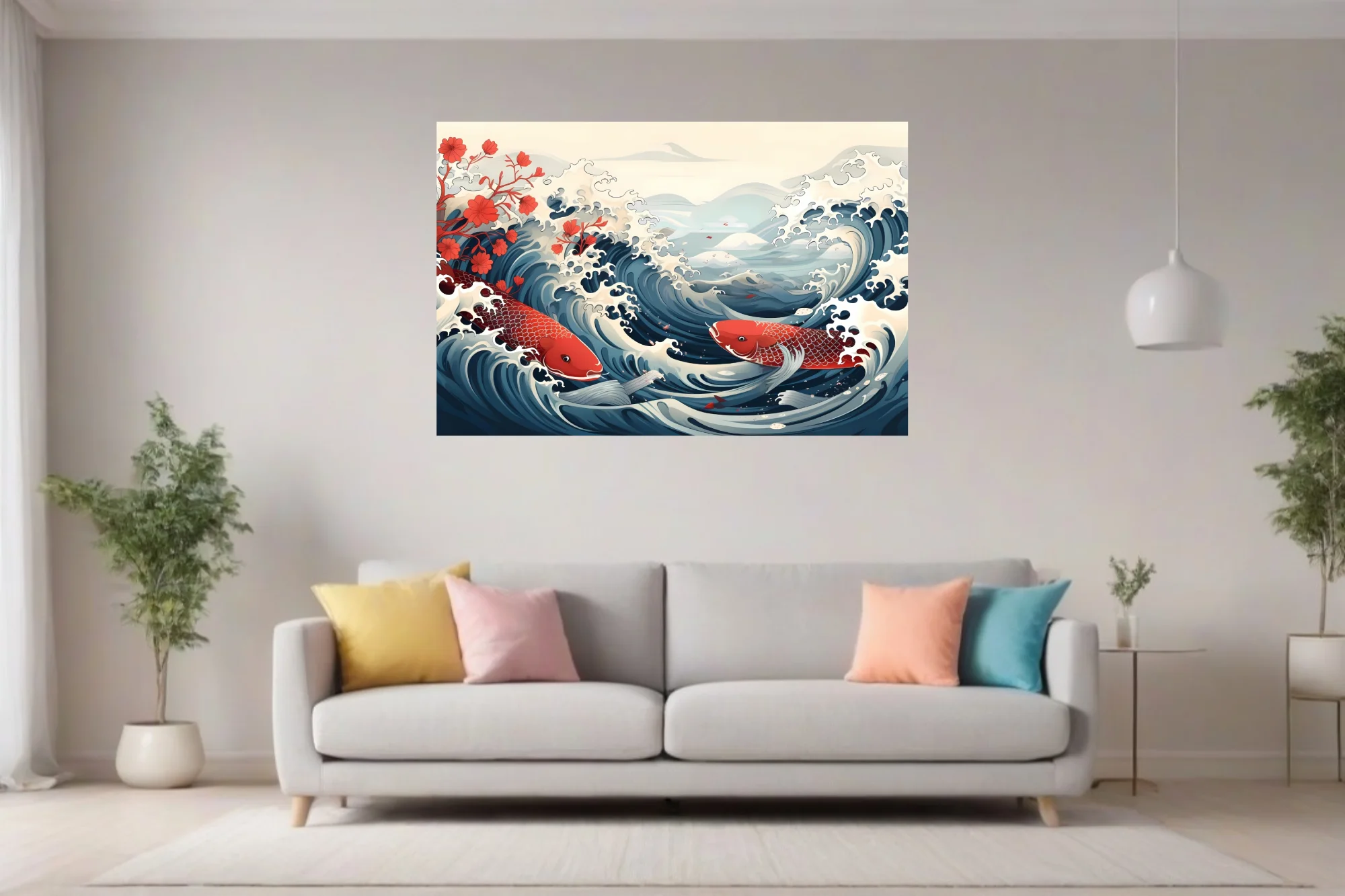 Japanese woodblock-style koi fish and ocean waves in red and navy