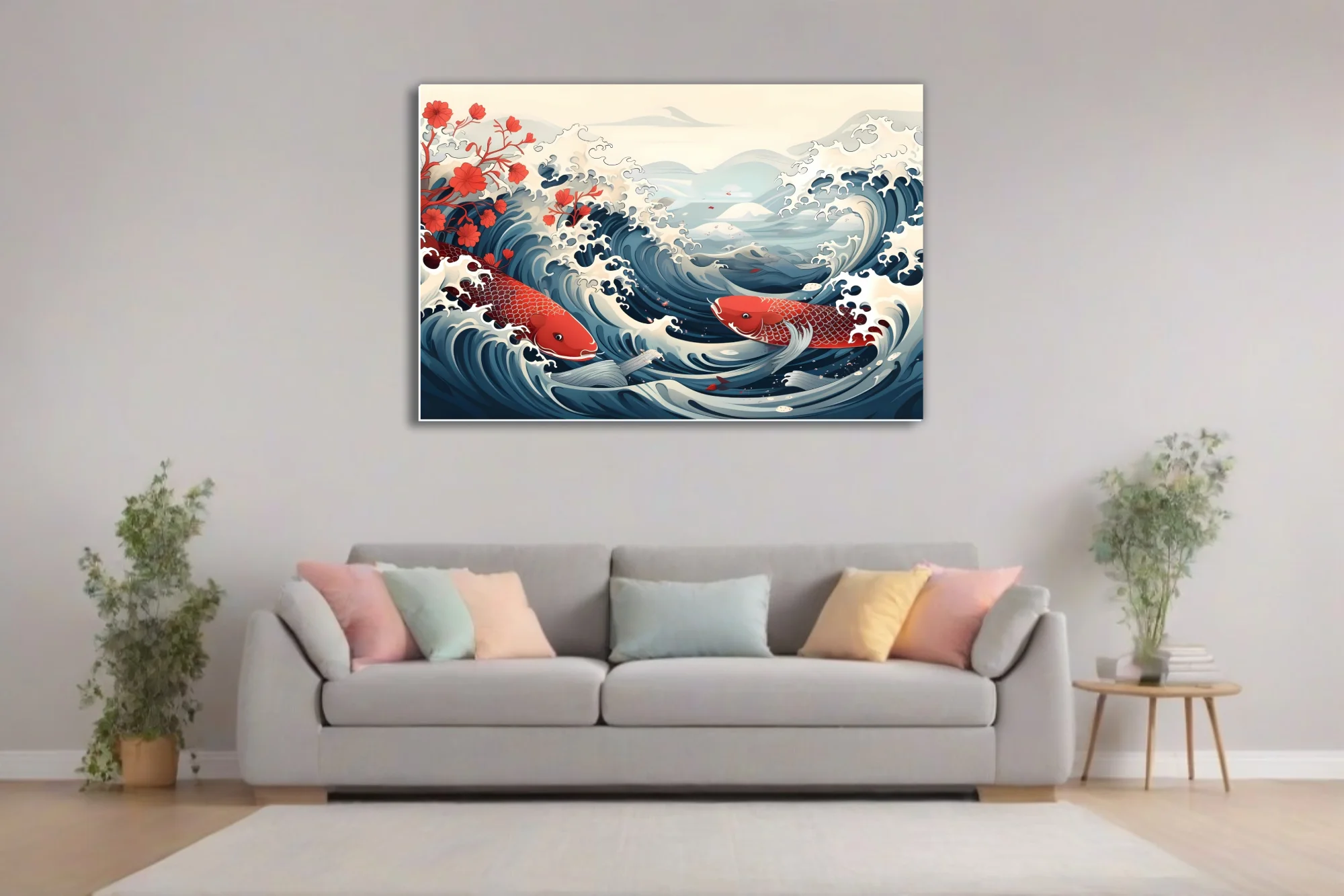 Japanese woodblock-style koi fish and ocean waves in red and navy