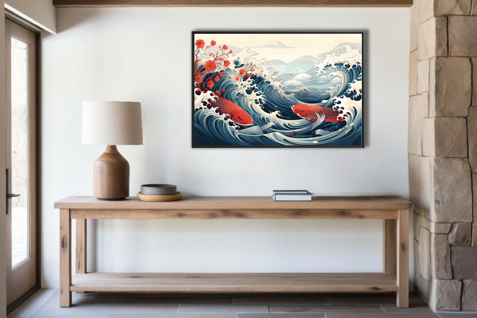 Japanese woodblock-style koi fish and ocean waves in red and navy