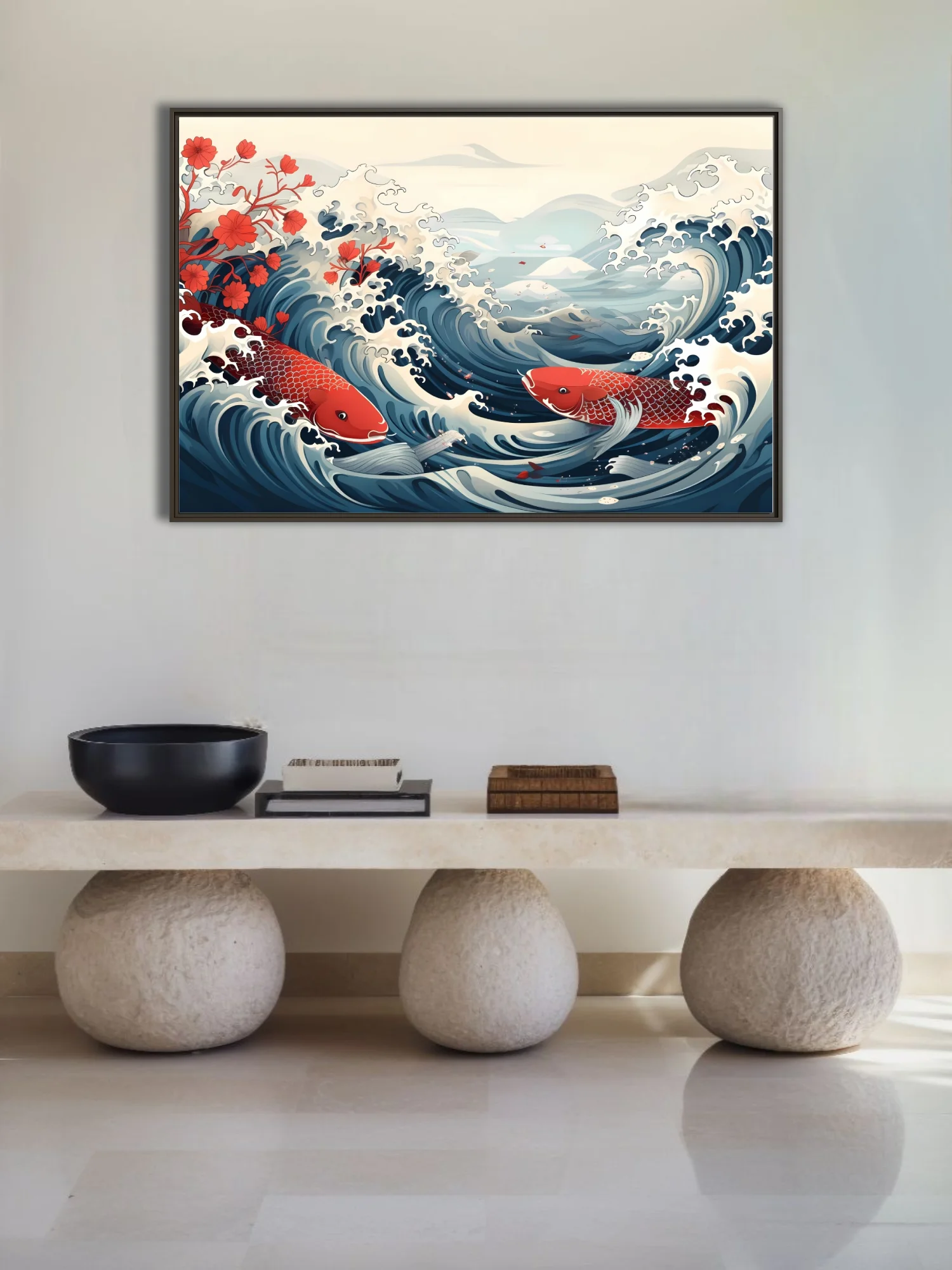 Japanese woodblock-style koi fish and ocean waves in red and navy