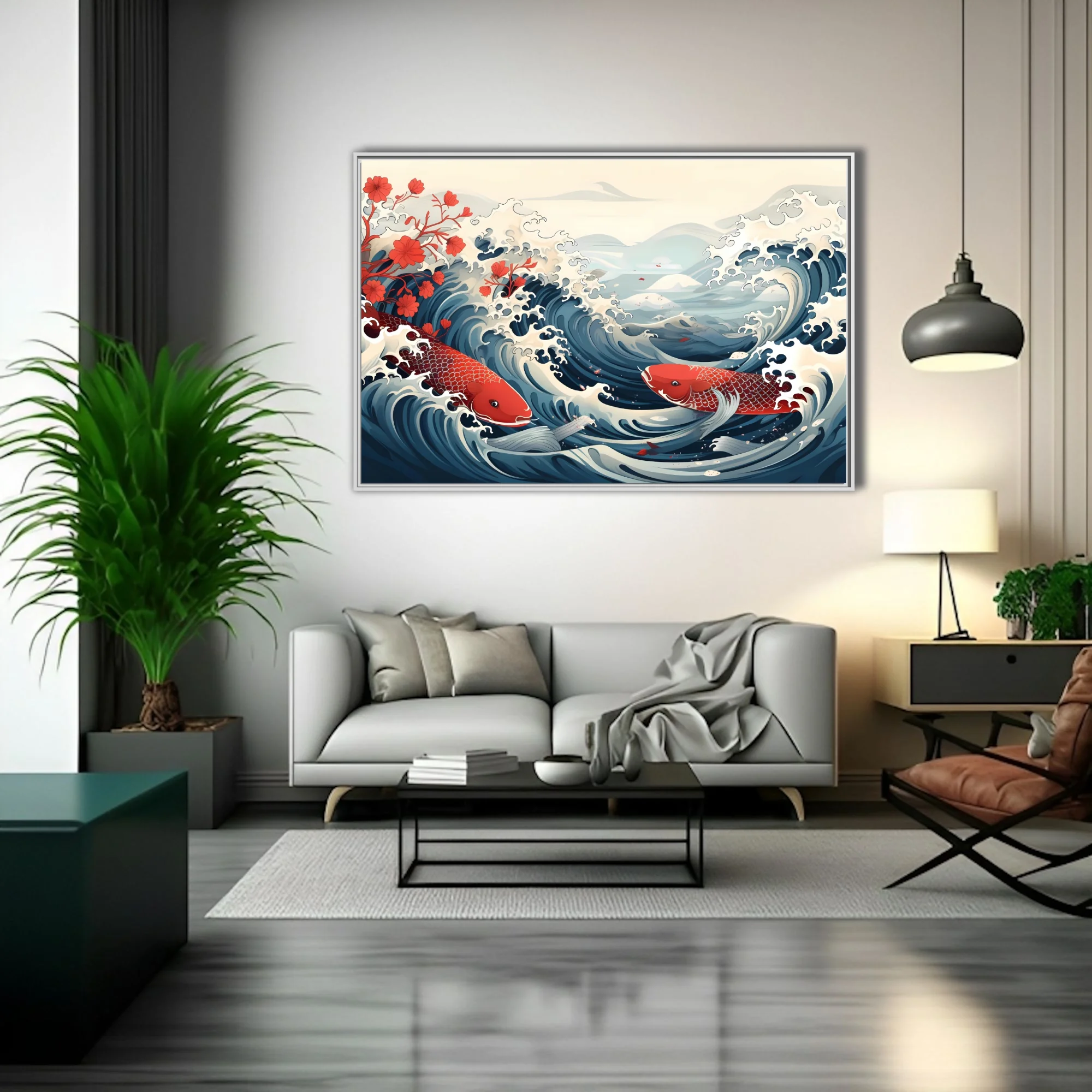Japanese woodblock-style koi fish and ocean waves in red and navy