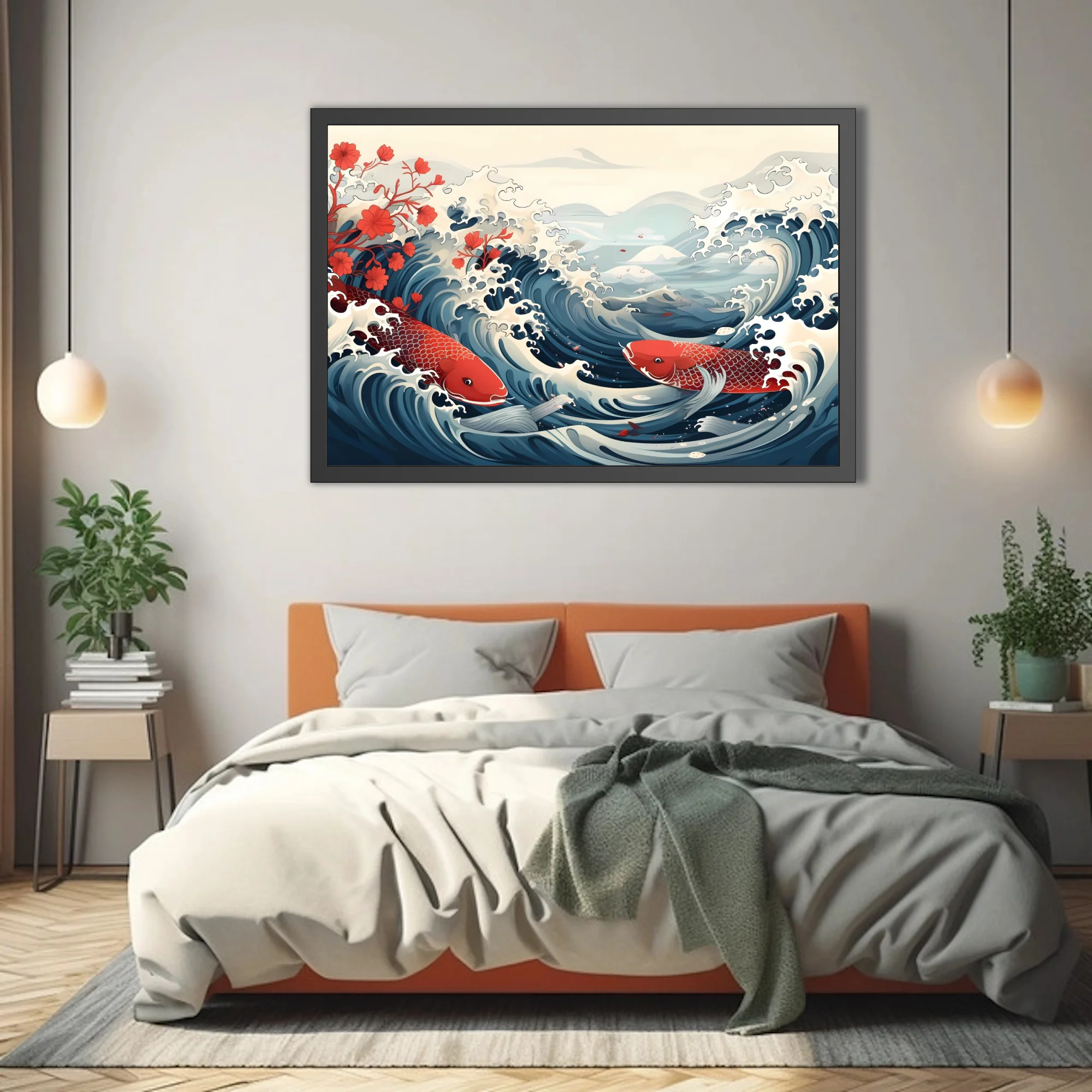 Japanese woodblock-style koi fish and ocean waves in red and navy