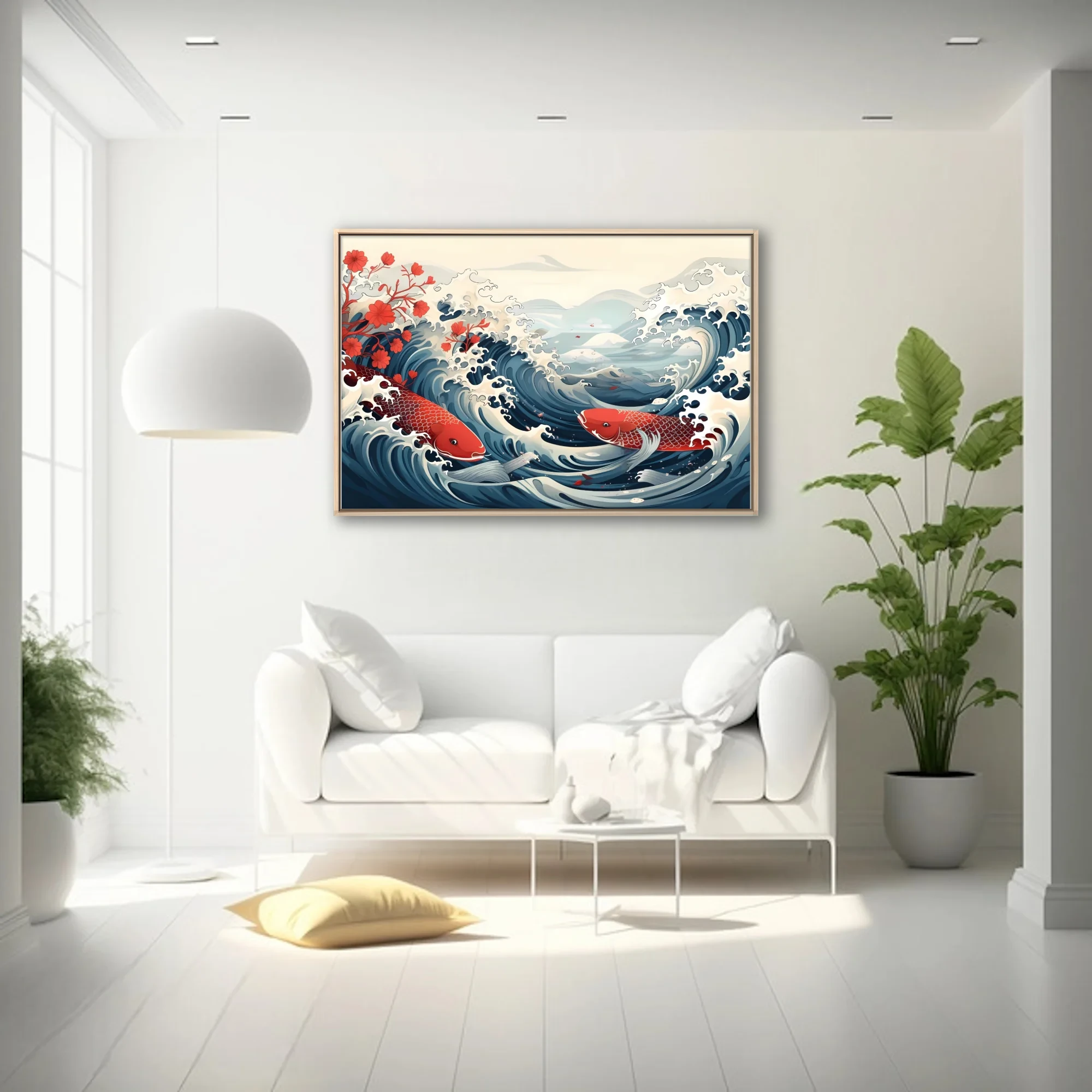 Japanese woodblock-style koi fish and ocean waves in red and navy