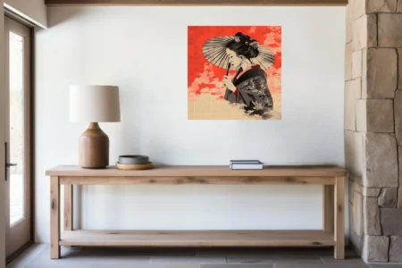 Japanese-style graphic illustration of a kimono figure with parasol in red and black