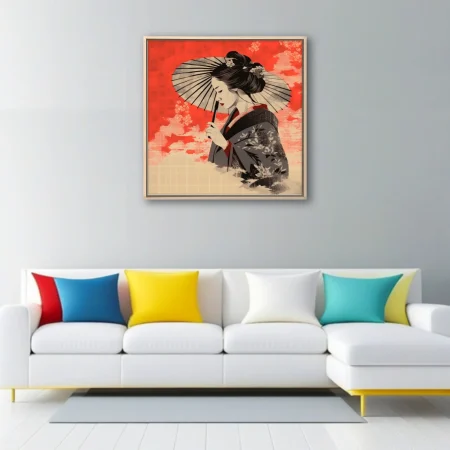 Japanese-style graphic illustration of a kimono figure with parasol in red and black