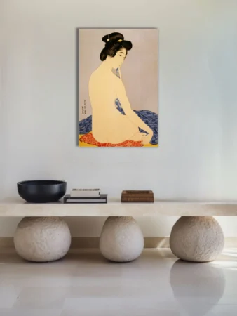 Ukiyo-e-style Japanese figure study, ivory tones, indigo textile accents, lavender ground