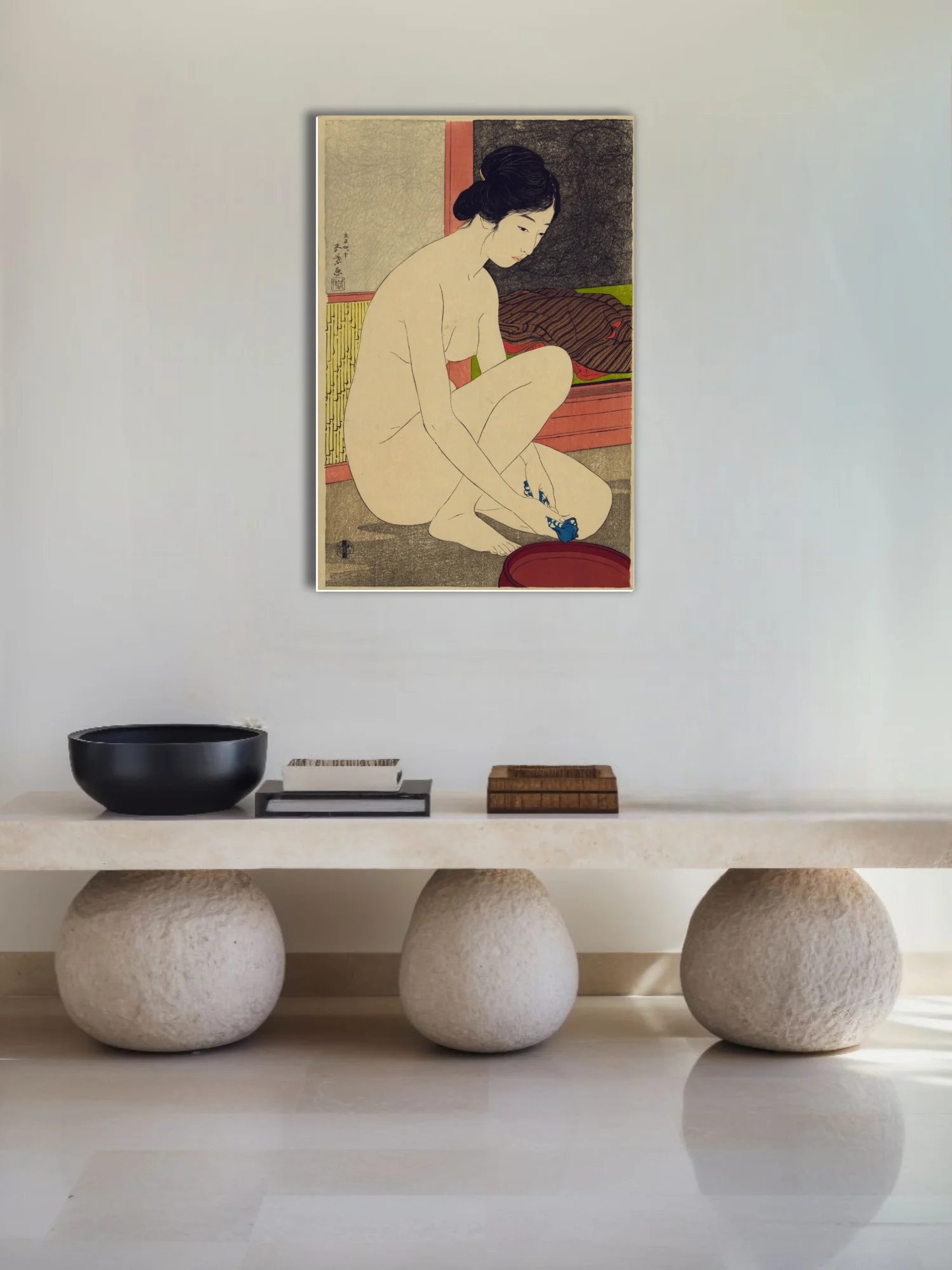 Ukiyo-e-style Japanese nude figure study, ivory and warm sienna tones