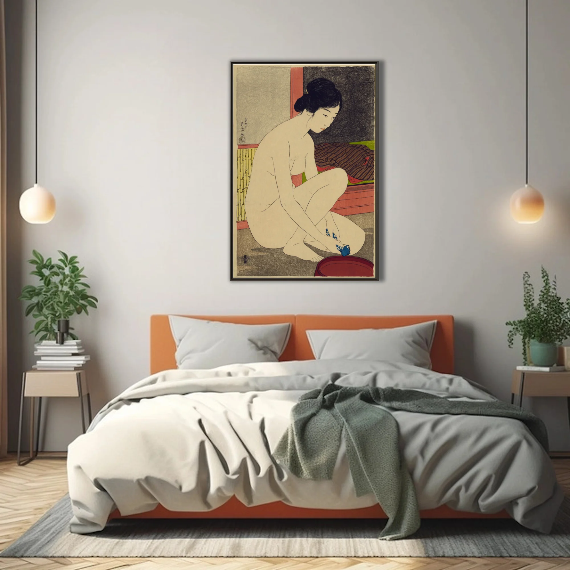 Ukiyo-e-style Japanese nude figure study, ivory and warm sienna tones