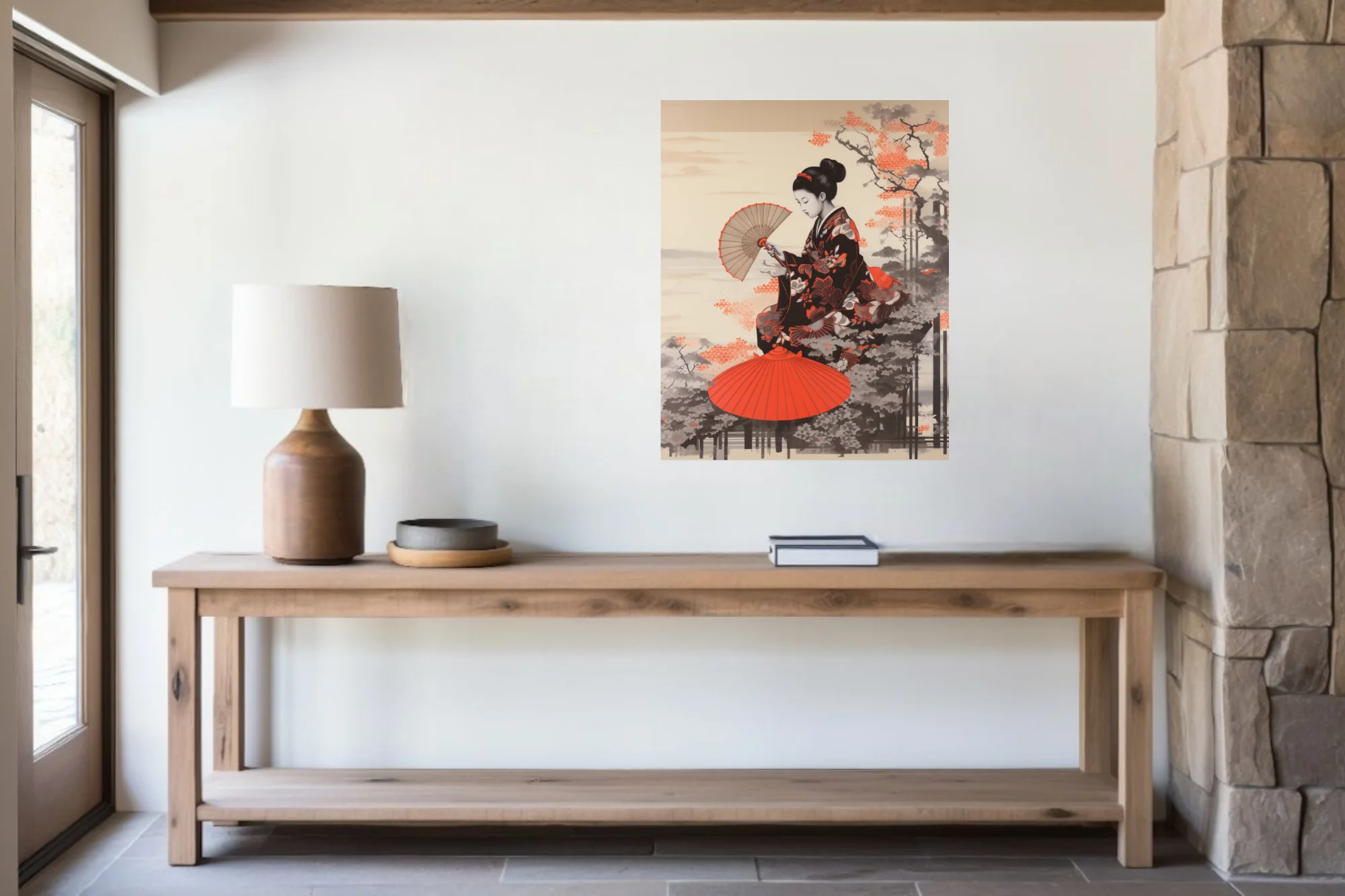 Japanese woodblock-style woman in kimono with fan, red and black ink-wash tones