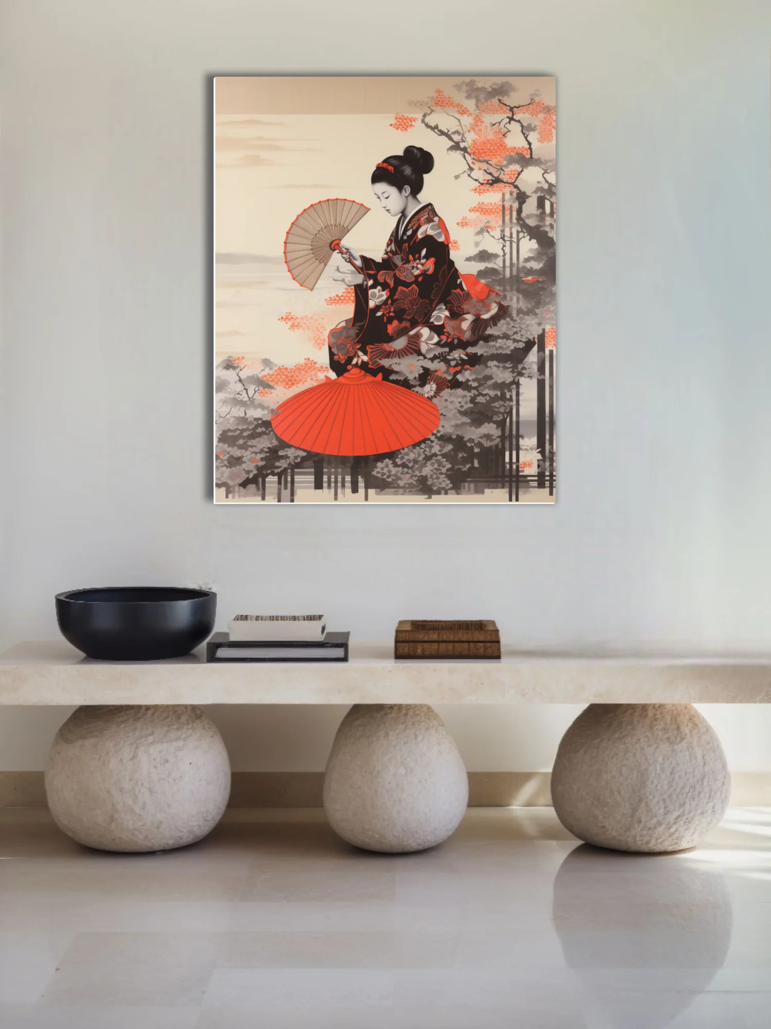 Japanese woodblock-style woman in kimono with fan, red and black ink-wash tones