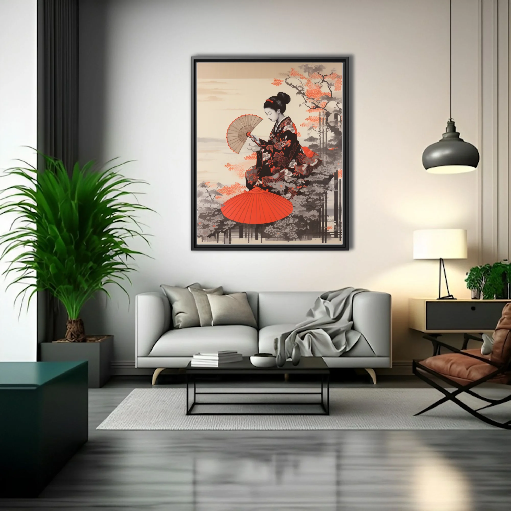 Japanese woodblock-style woman in kimono with fan, red and black ink-wash tones