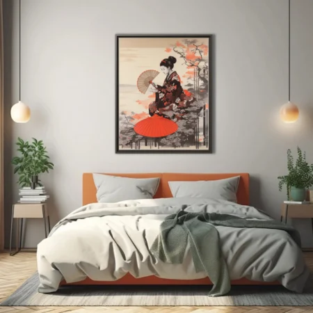 Japanese woodblock-style woman in kimono with fan, red and black ink-wash tones