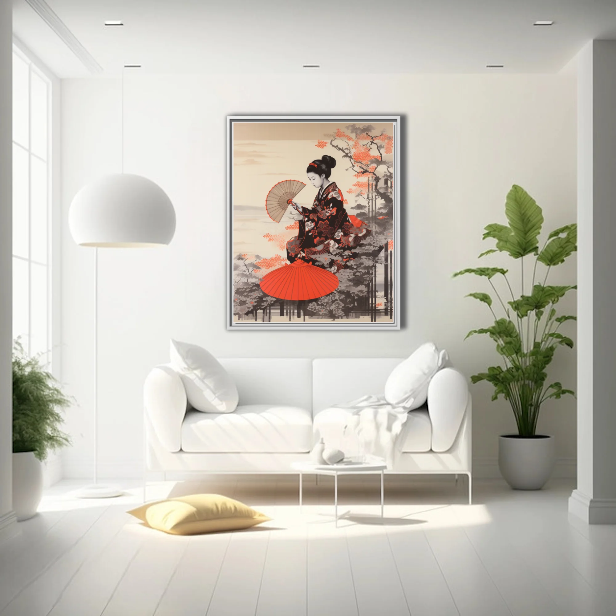 Japanese woodblock-style woman in kimono with fan, red and black ink-wash tones